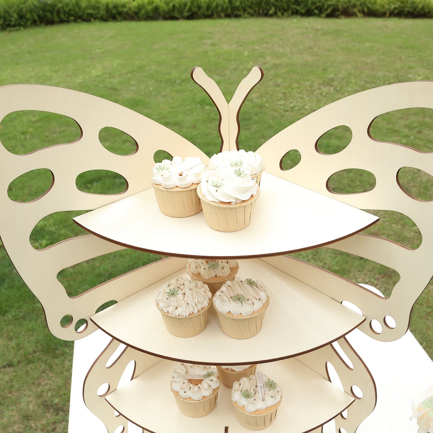 3-Tier Natural Butterfly Wooden Dessert Display Stand, 24" Rustic Cupcake Stand Shelf Rack