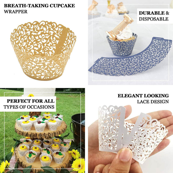 25 Pack | Blue Lace Laser Cut Paper Cupcake Wrappers, Muffin Baking Cup Trays