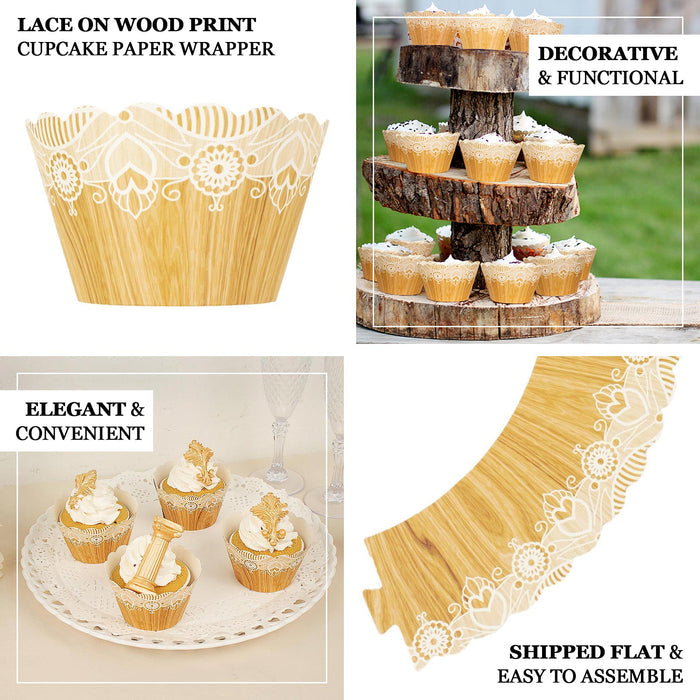 25 Pack Natural Wood Grain and Lace Print Vintage Cupcake Wrappers, Boho Muffin Baking Cup Wraps