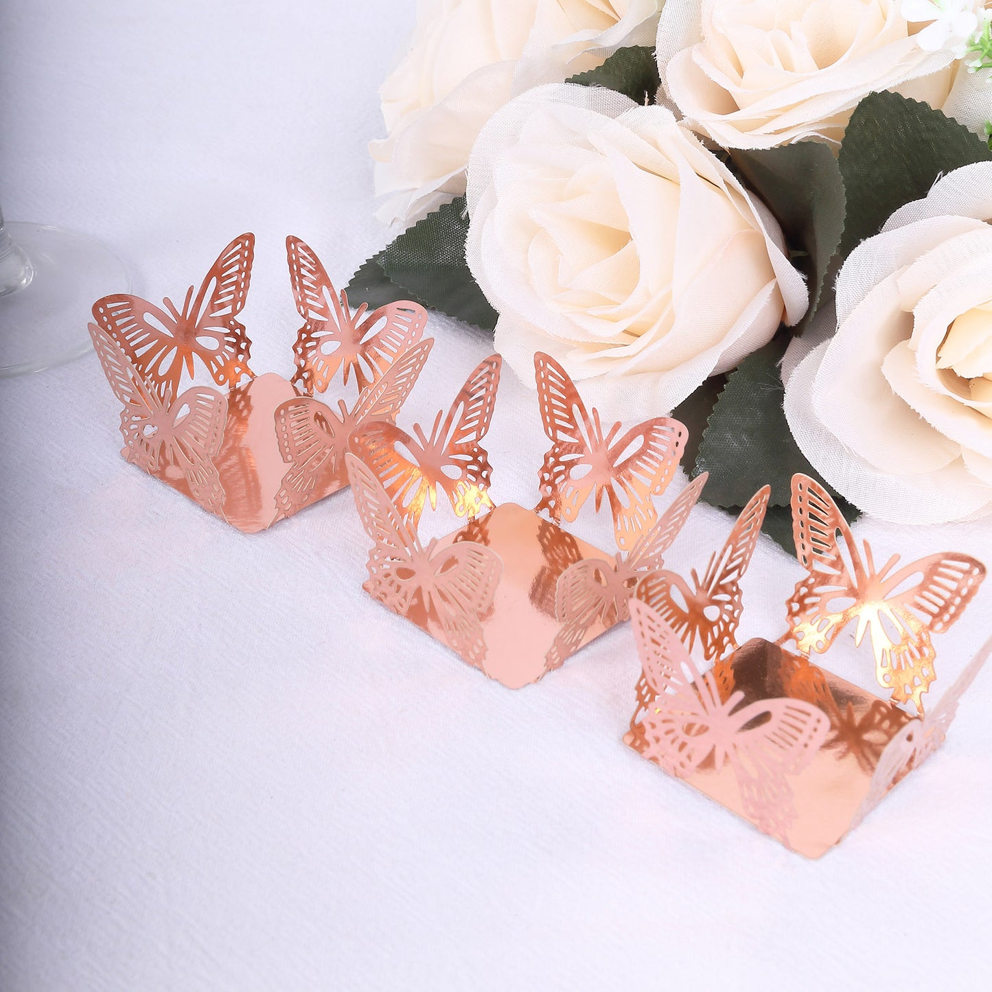 50 Pack 4" Mini Metallic Rose Gold Butterfly Cupcake Wrappers, Square Truffle Cup Dessert Tray Liners - 225GSM