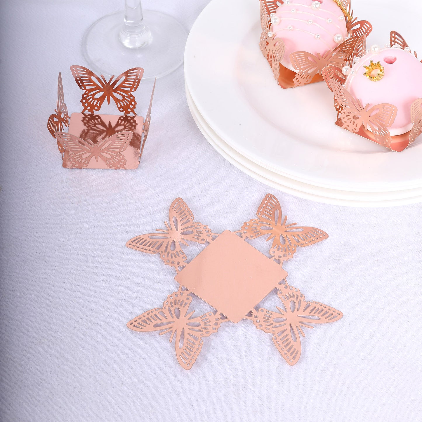 50 Pack 4" Mini Metallic Rose Gold Butterfly Cupcake Wrappers, Square Truffle Cup Dessert Tray Liners - 225GSM