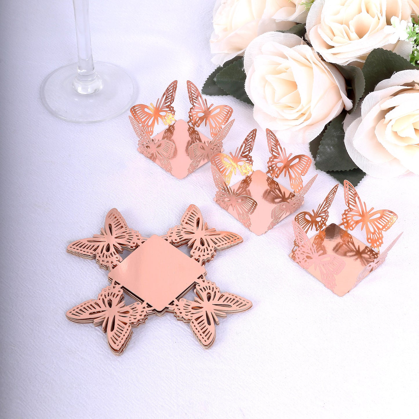 50 Pack 4" Mini Metallic Rose Gold Butterfly Cupcake Wrappers, Square Truffle Cup Dessert Tray Liners - 225GSM