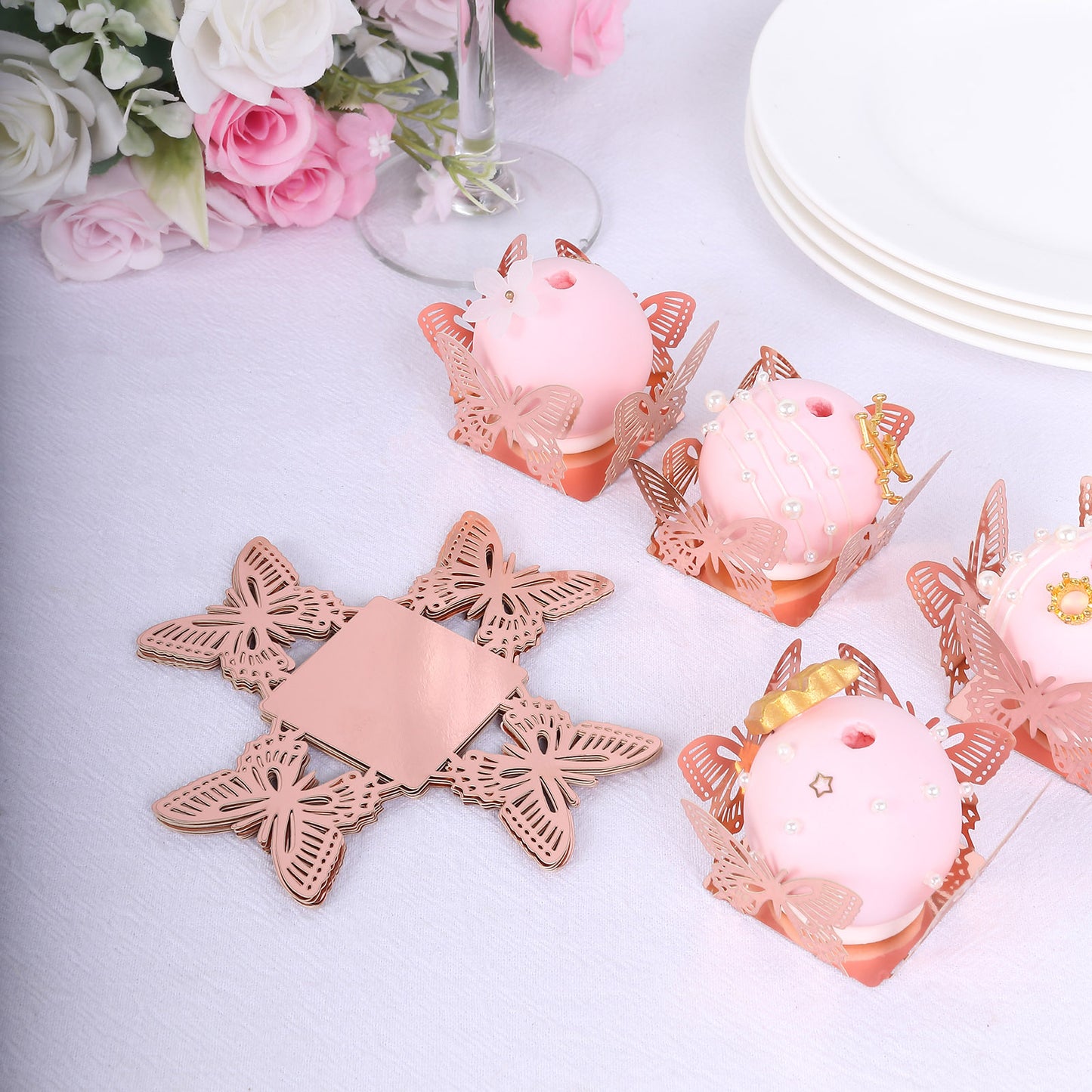 50 Pack 4" Mini Metallic Rose Gold Butterfly Cupcake Wrappers, Square Truffle Cup Dessert Tray Liners - 225GSM