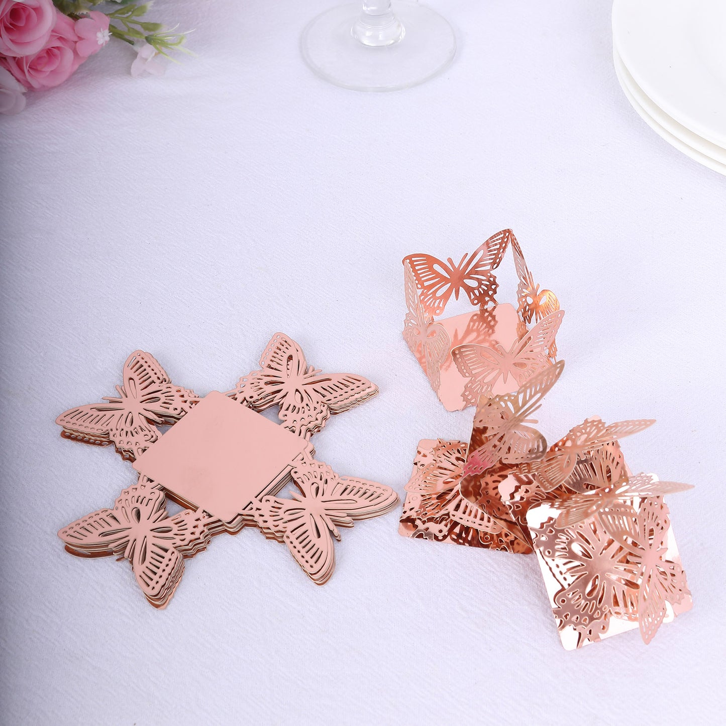 50 Pack 4" Mini Metallic Rose Gold Butterfly Cupcake Wrappers, Square Truffle Cup Dessert Tray Liners - 225GSM