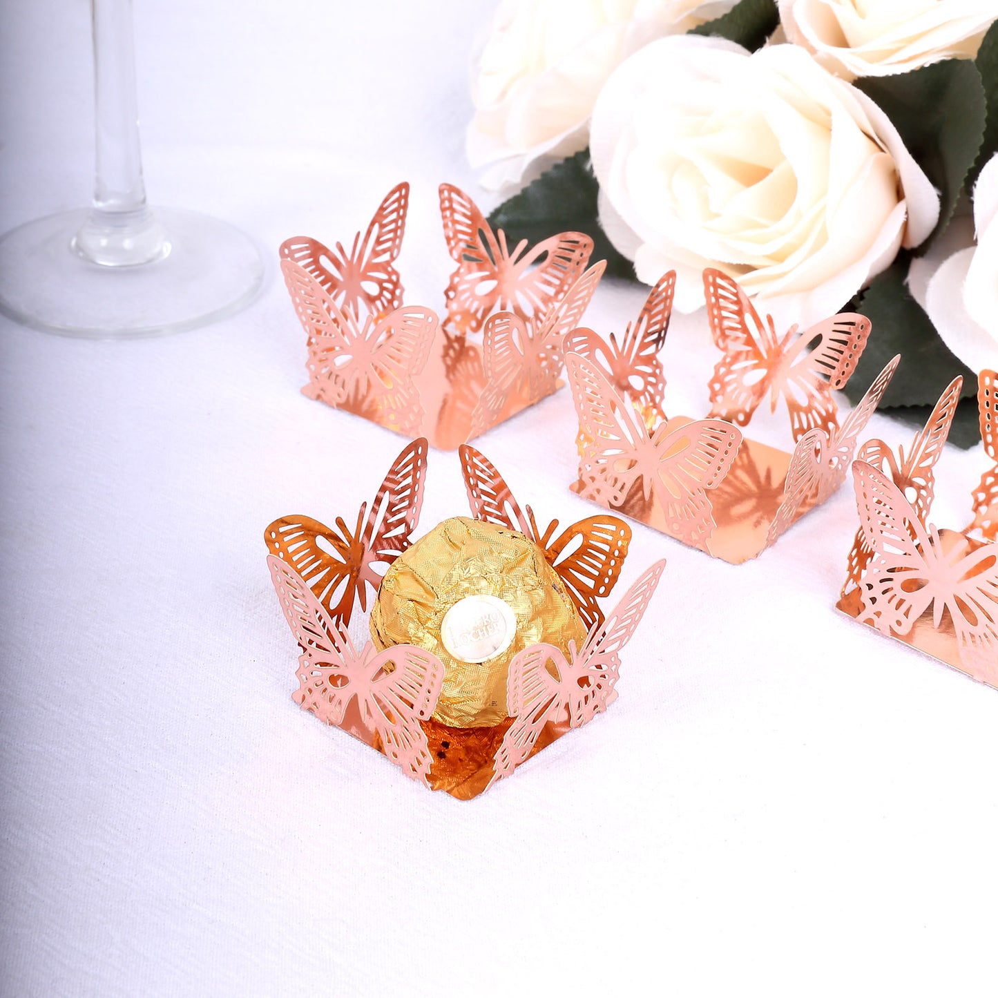 50 Pack 4" Mini Metallic Rose Gold Butterfly Cupcake Wrappers, Square Truffle Cup Dessert Tray Liners - 225GSM