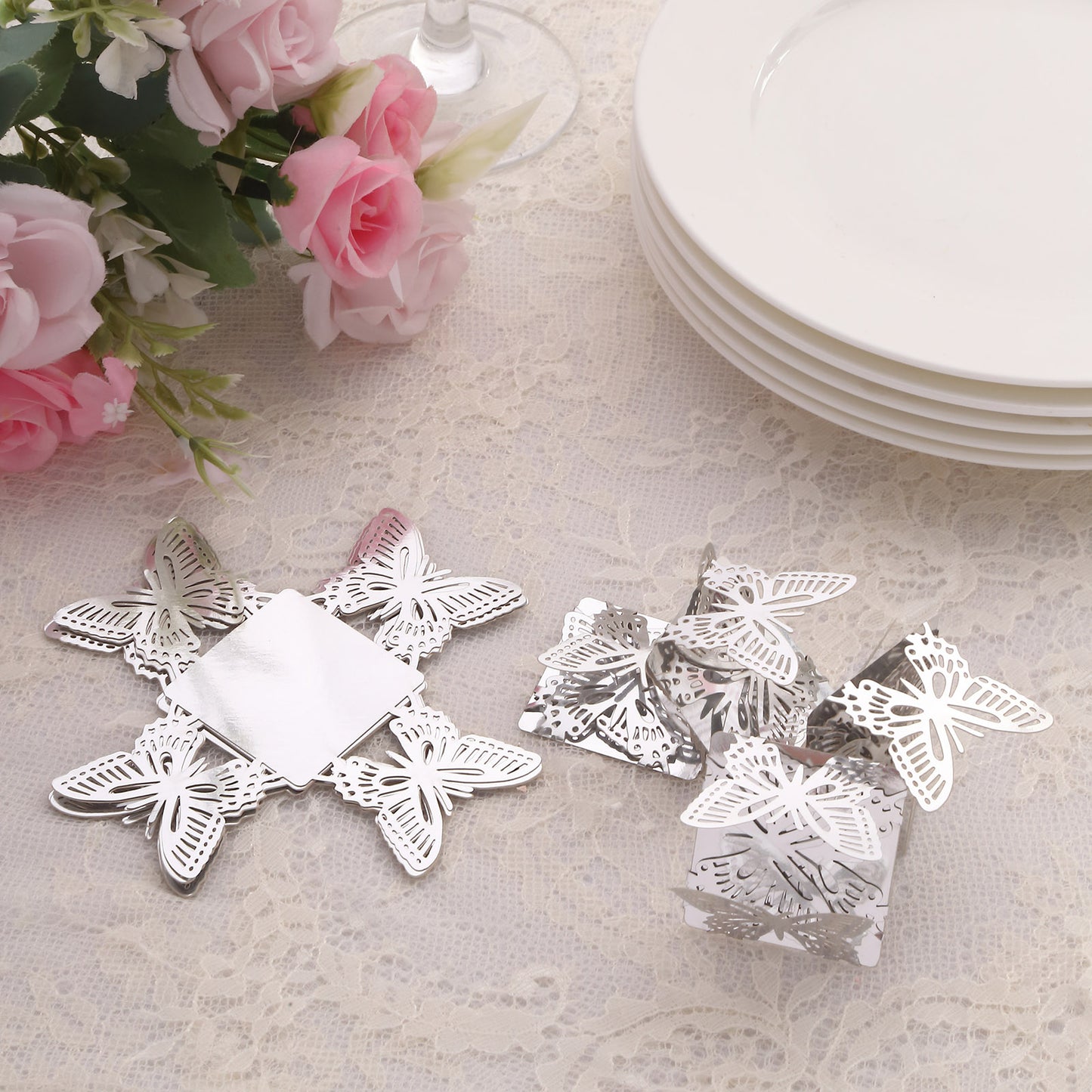 50 Pack 4" Mini Metallic Silver Butterfly Cupcake Wrappers, Square Truffle Cup Dessert Tray Liners - 225GSM