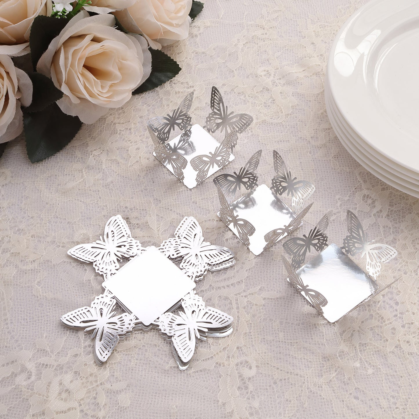 50 Pack 4" Mini Metallic Silver Butterfly Cupcake Wrappers, Square Truffle Cup Dessert Tray Liners - 225GSM