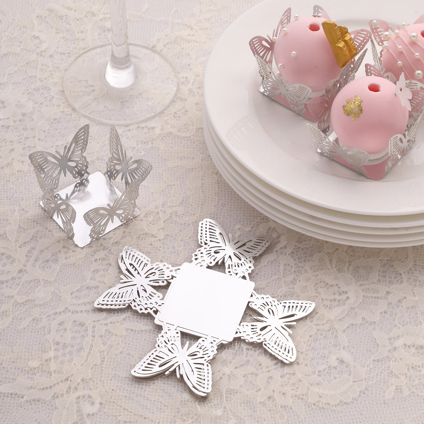 50 Pack 4" Mini Metallic Silver Butterfly Cupcake Wrappers, Square Truffle Cup Dessert Tray Liners - 225GSM