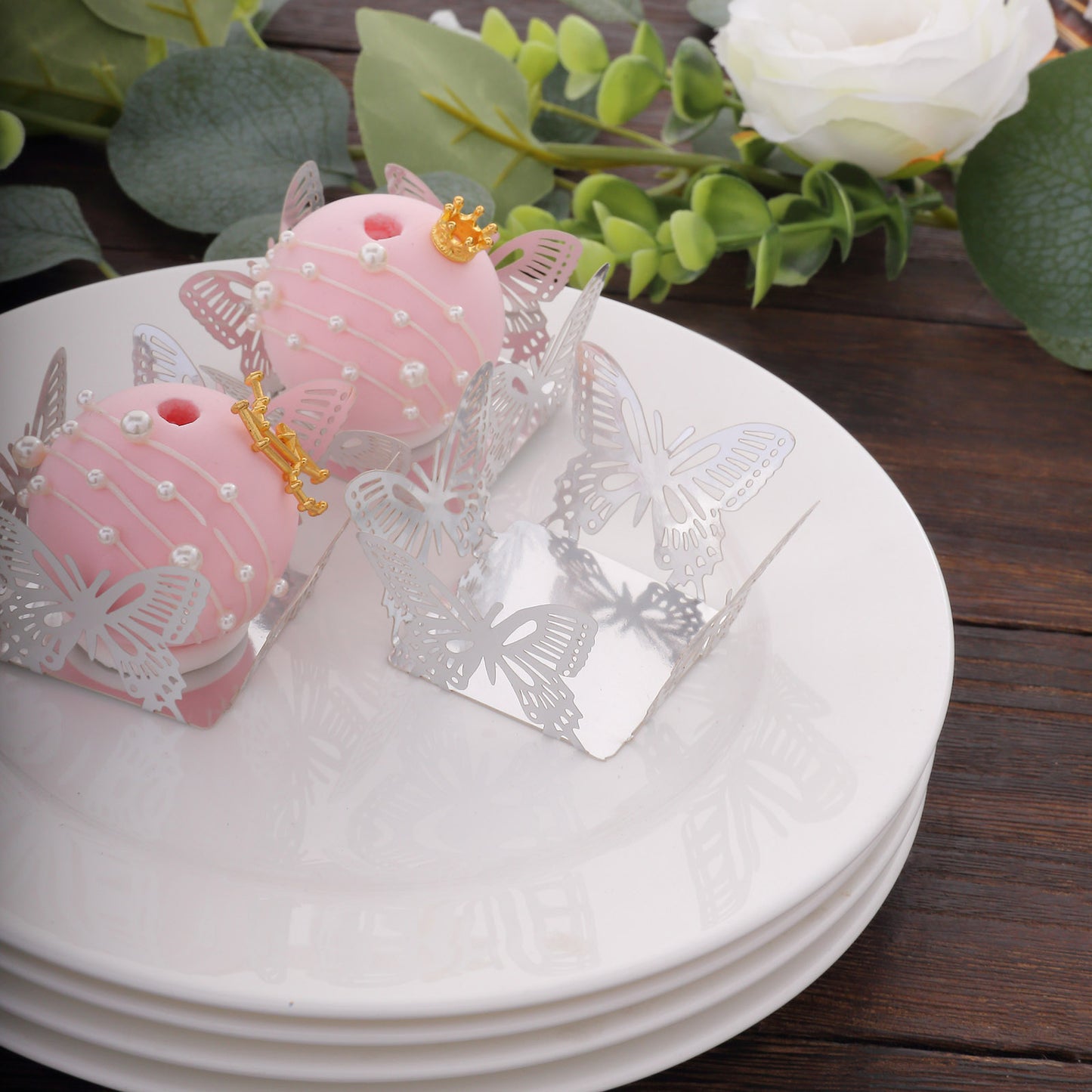 50 Pack 4" Mini Metallic Silver Butterfly Cupcake Wrappers, Square Truffle Cup Dessert Tray Liners - 225GSM