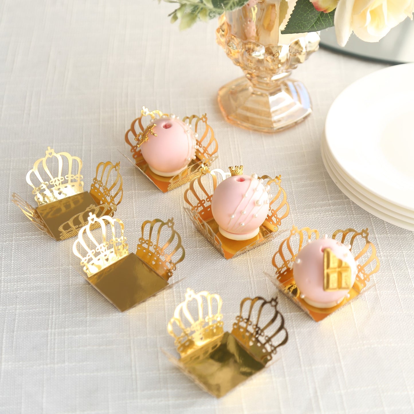 50 Pack Mini Metallic Gold Crown Cupcake Tray Wrappers, 4" Square Truffle Cup Dessert Liners 225GSM