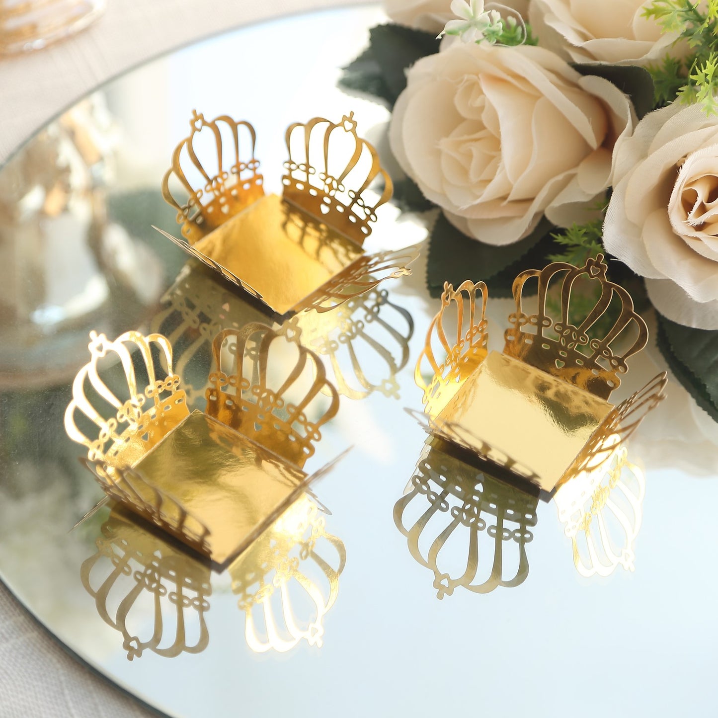 50 Pack Mini Metallic Gold Crown Cupcake Tray Wrappers, 4" Square Truffle Cup Dessert Liners 225GSM