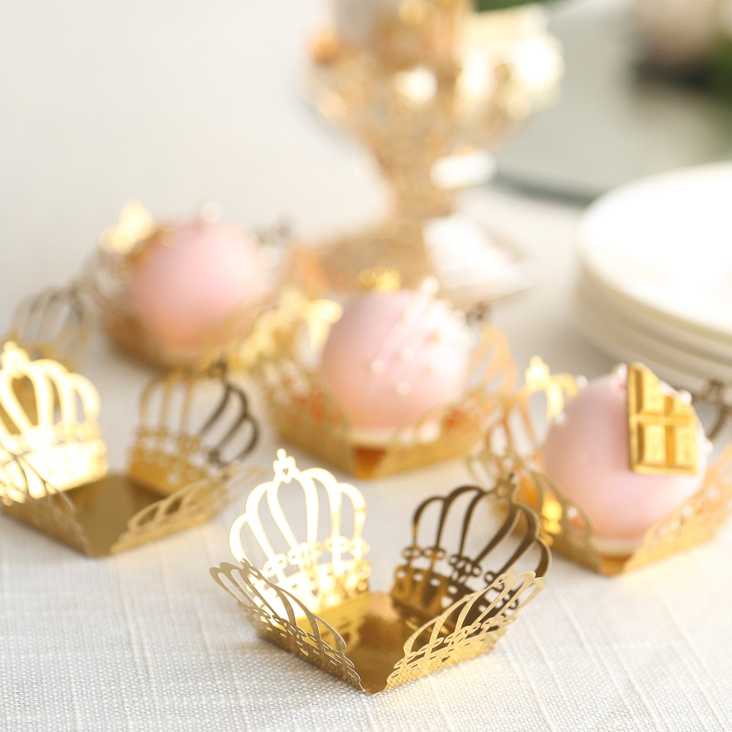 50 Pack Mini Metallic Gold Crown Cupcake Tray Wrappers, 4" Square Truffle Cup Dessert Liners 225GSM