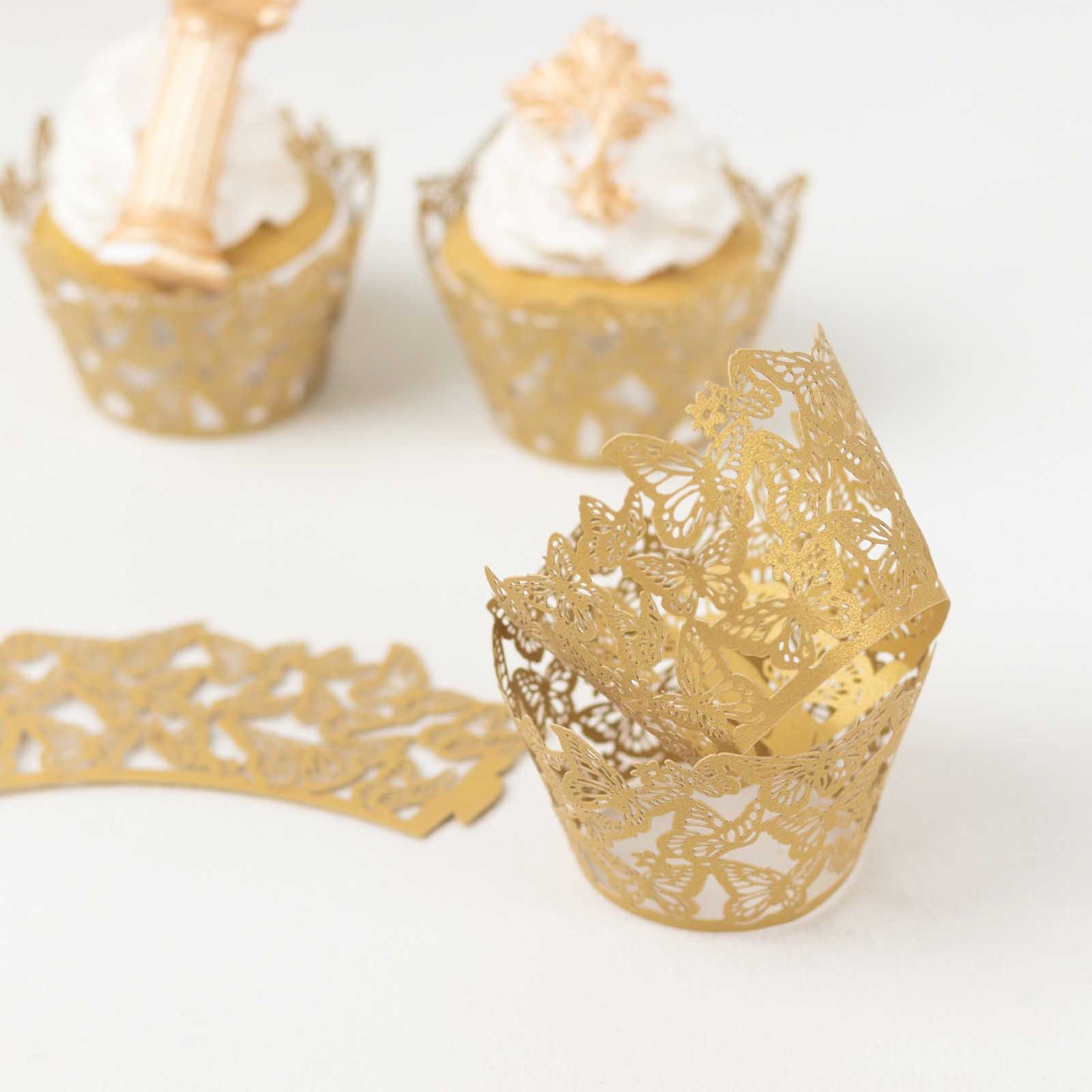 25 Pack Gold Butterfly Lace Pattern Paper Cupcake Wrappers, 3" Round Muffin Liner Cups