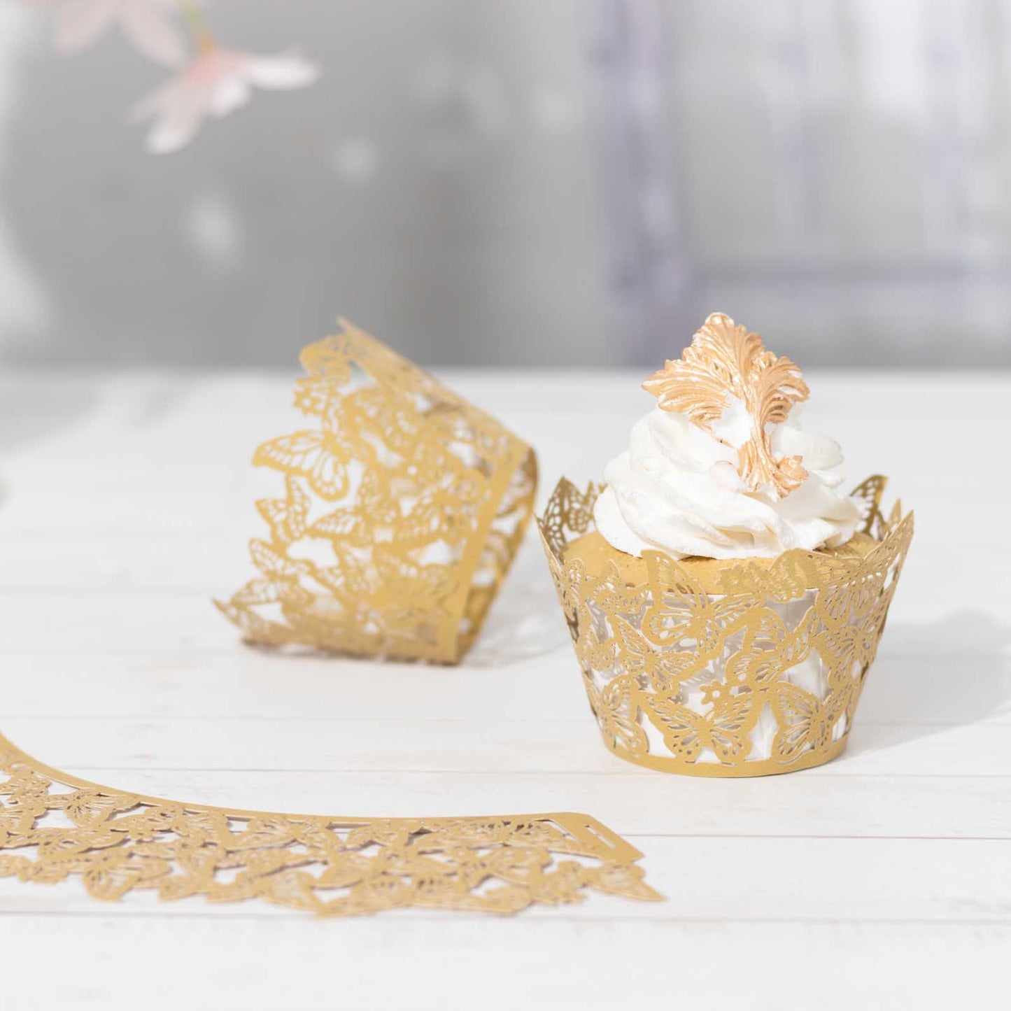 25 Pack Gold Butterfly Lace Pattern Paper Cupcake Wrappers, 3" Round Muffin Liner Cups