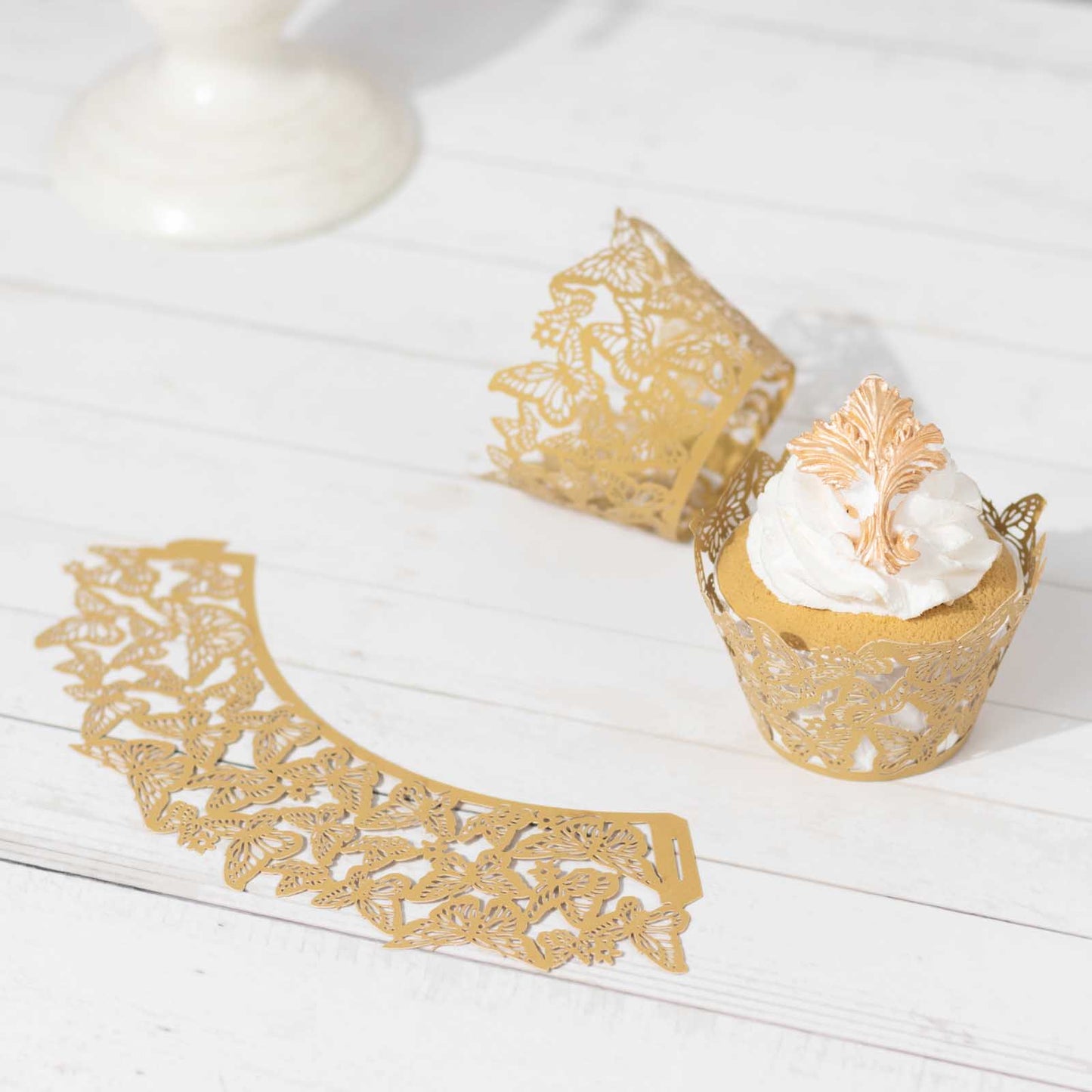 25 Pack Gold Butterfly Lace Pattern Paper Cupcake Wrappers, 3" Round Muffin Liner Cups