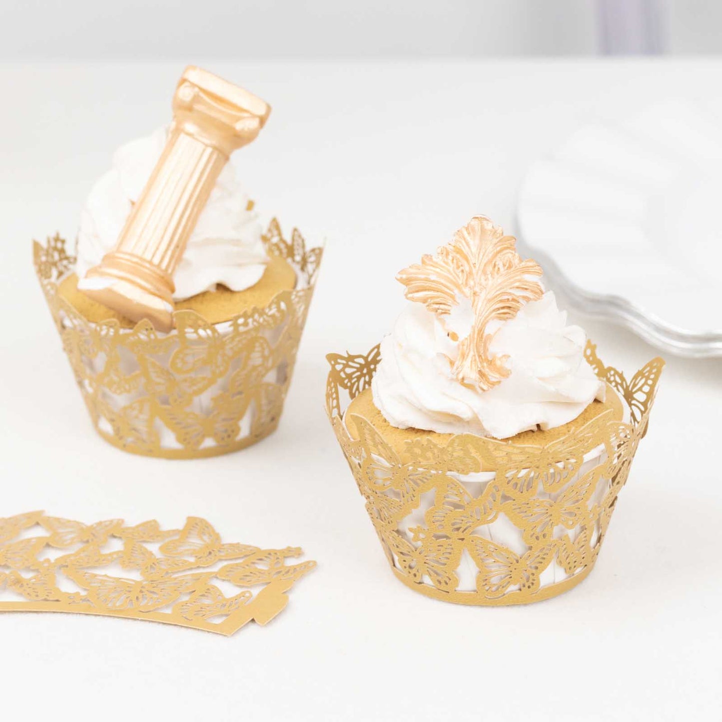 25 Pack Gold Butterfly Lace Pattern Paper Cupcake Wrappers, 3" Round Muffin Liner Cups