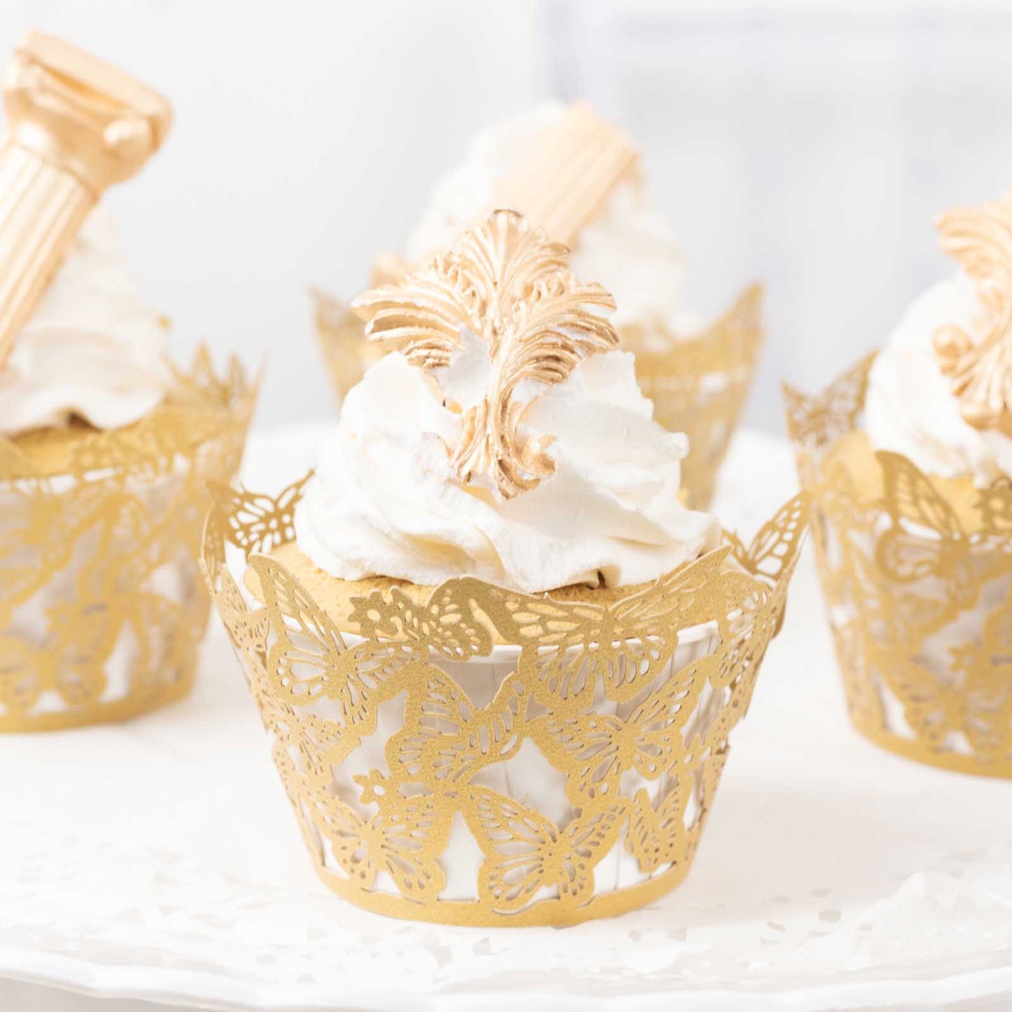 25 Pack Gold Butterfly Lace Pattern Paper Cupcake Wrappers, 3" Round Muffin Liner Cups