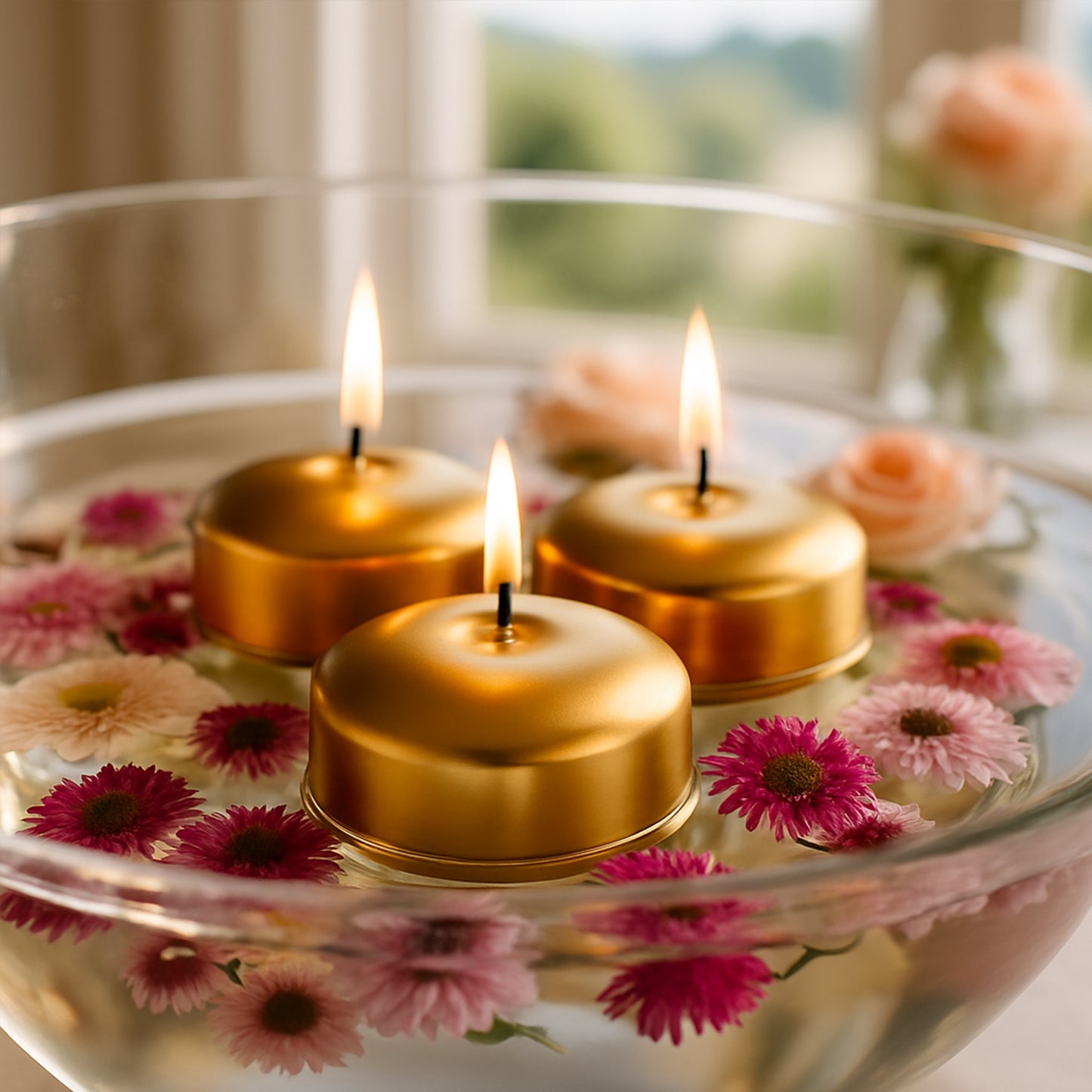 12 Pack 2" Metallic Gold Floating Candles – Unscented Dripless Long-Lasting Disc Wax Candles for Weddings & Table Décor