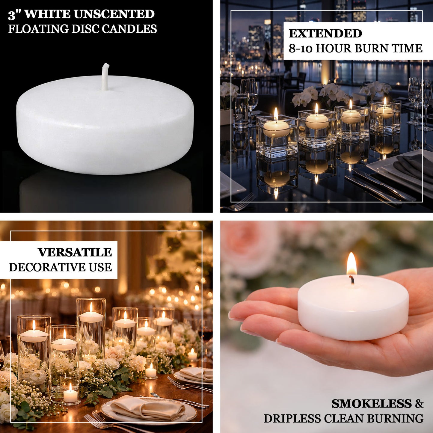 24 Pack White Floating Candles 3" – Unscented 8–10 Hour Burn, Dripless & Smokeless Disc Candles