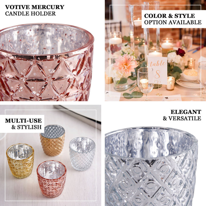6 Pack | 3" Metallic Silver Mercury Glass Votive Candle Holders, Tealight Candle Holders - Assorted Geometric Designs