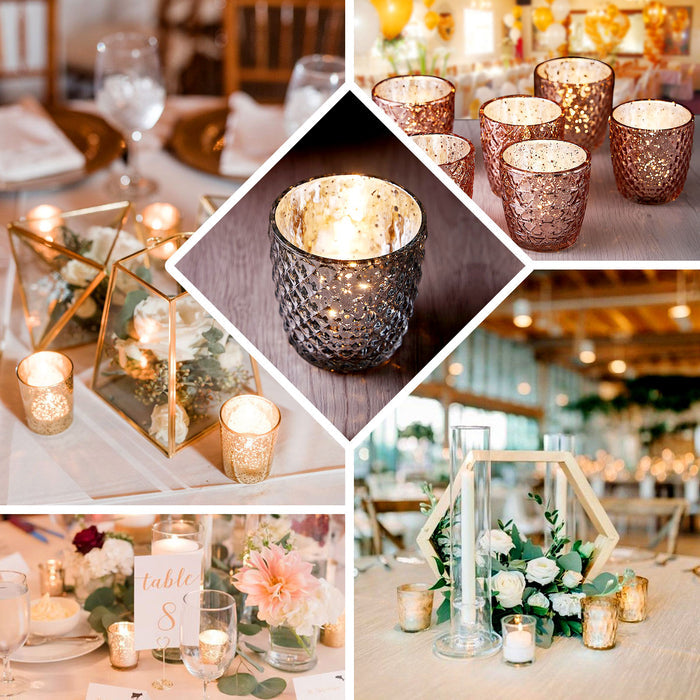 6 Pack | 3" Metallic Silver Mercury Glass Votive Candle Holders, Tealight Candle Holders - Assorted Geometric Designs