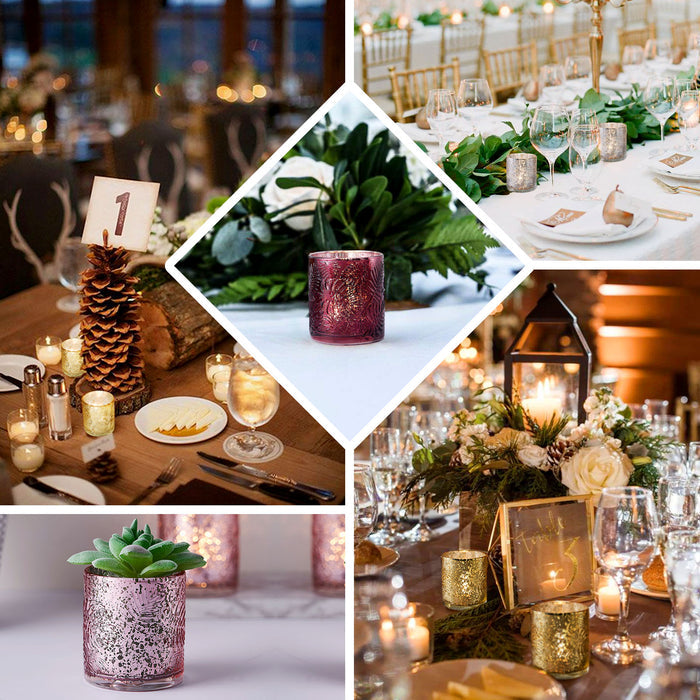 Gold mercury glass palm leaf candle holders for elegant decor.