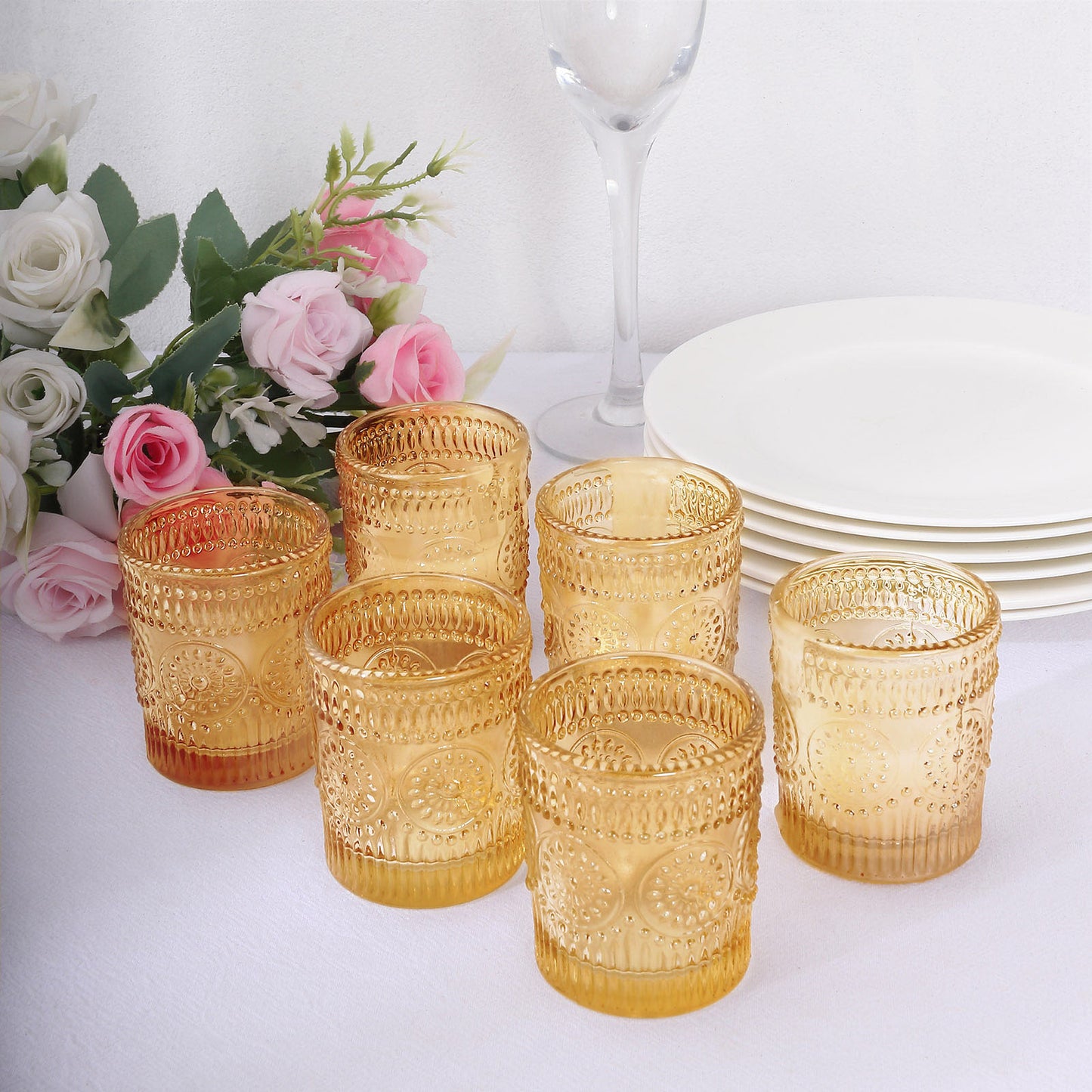 6 Pack Amber Gold Glass Primrose Candle Holders, Votive Tealight Holders