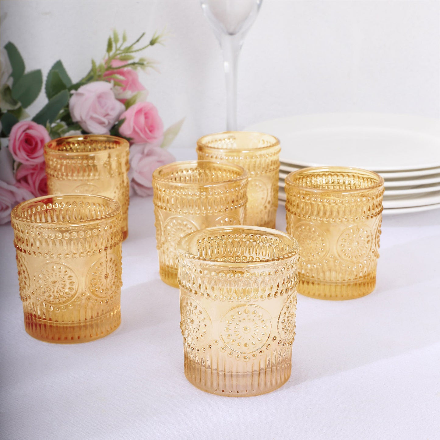 6 Pack Amber Gold Glass Primrose Candle Holders, Votive Tealight Holders