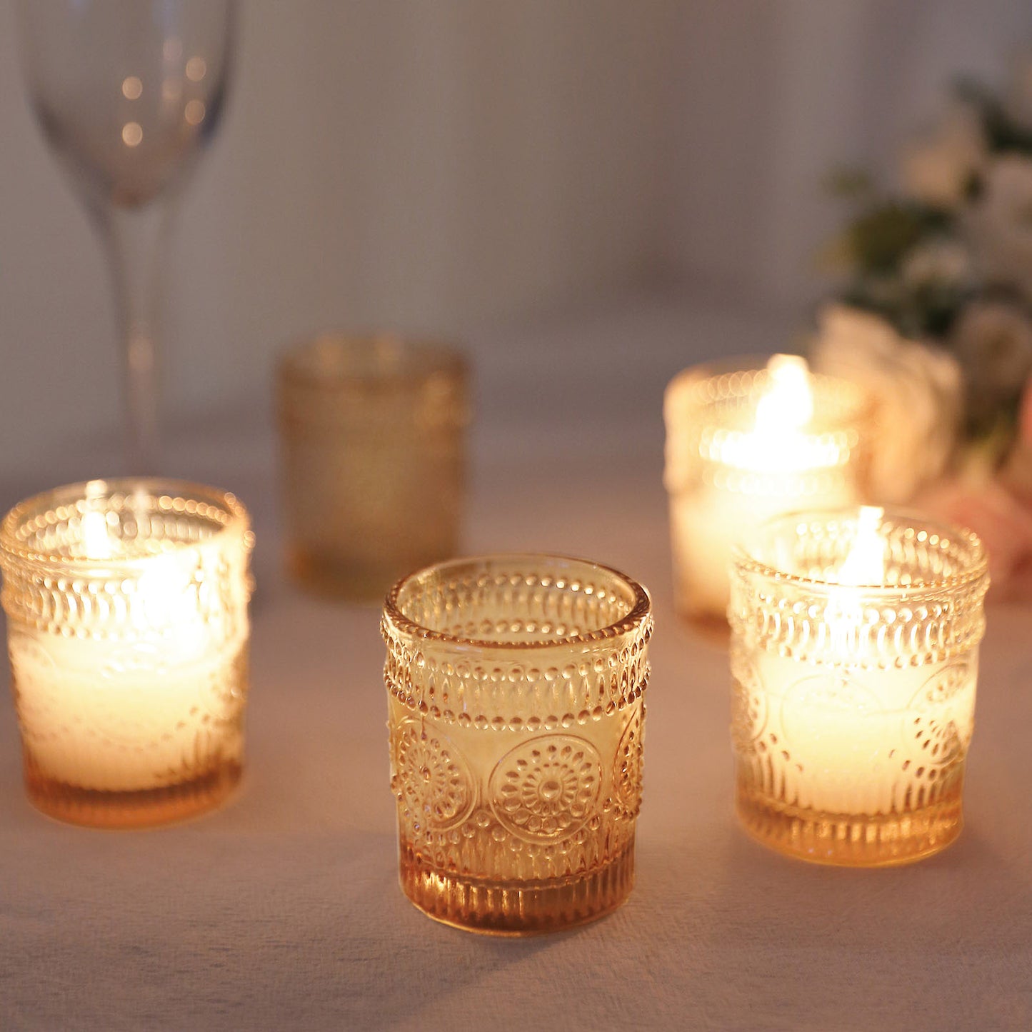 6 Pack Amber Gold Glass Primrose Candle Holders, Votive Tealight Holders