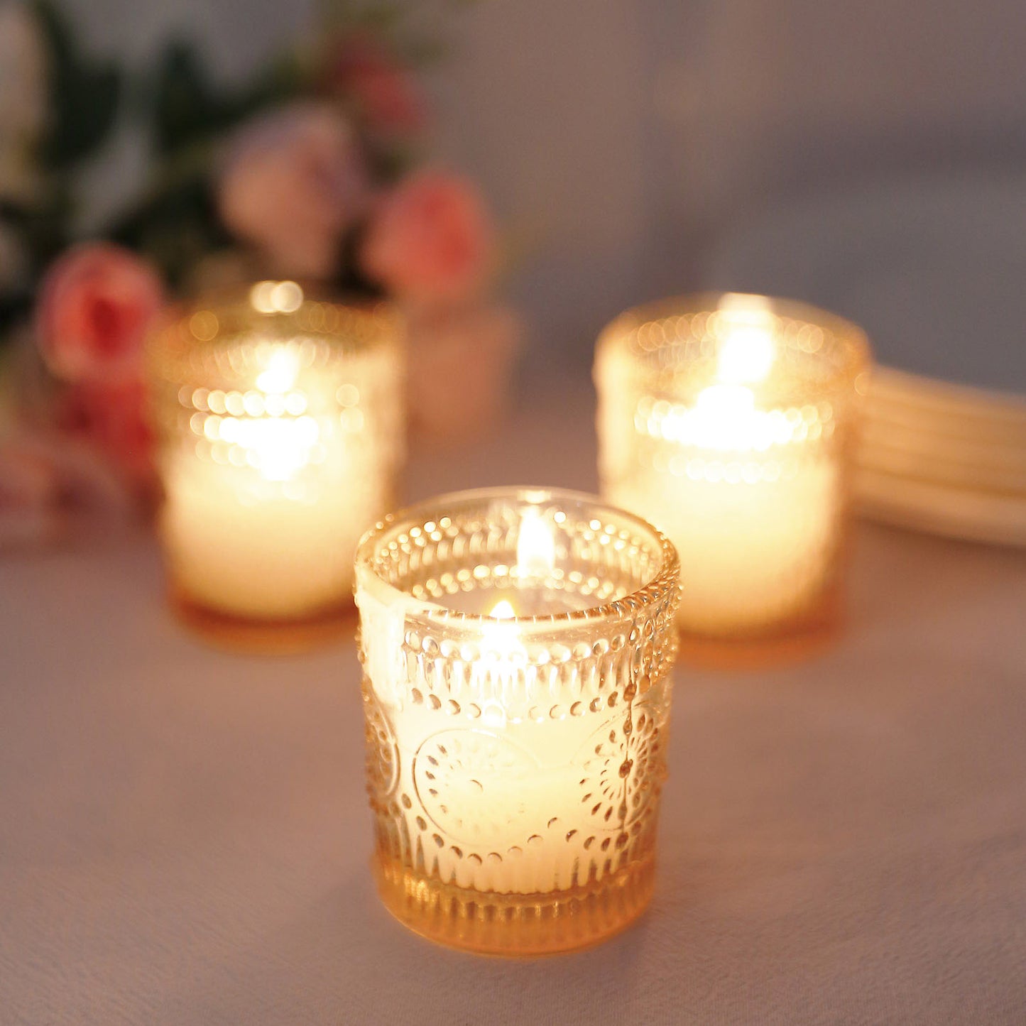 6 Pack Amber Gold Glass Primrose Candle Holders, Votive Tealight Holders