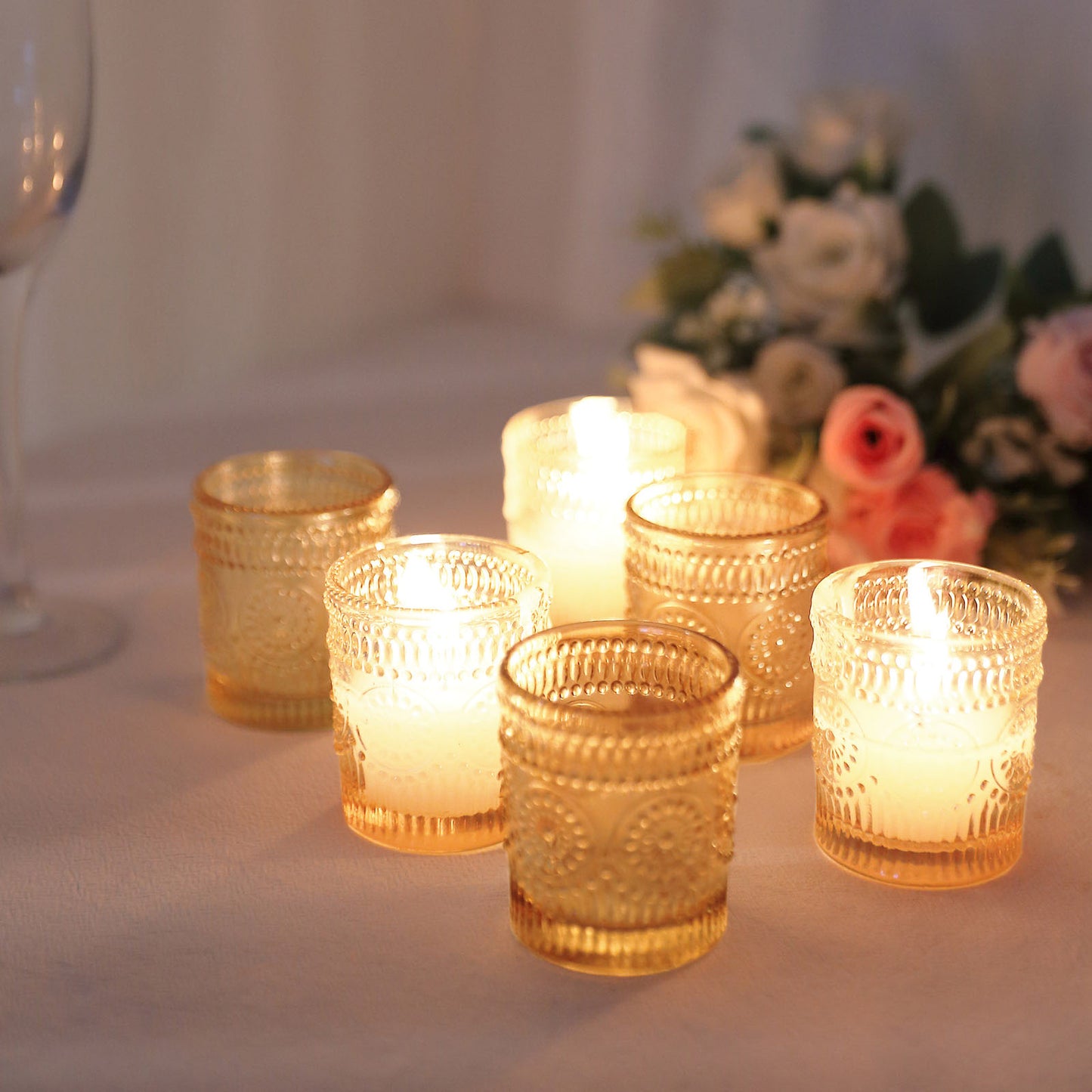 6 Pack Amber Gold Glass Primrose Candle Holders, Votive Tealight Holders