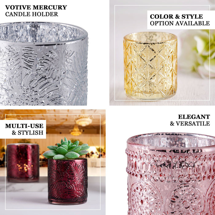 6 Pack Rose Gold Mercury Glass Candle Holders, Votive Tealight Holders With Primrose Design