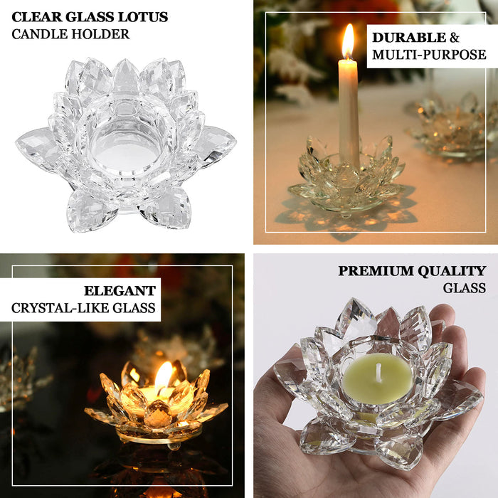 2 Pack | Clear 4.5" Crystal Glass Lotus Flower Votive Candle Holders, Tealight Taper Candle Stands