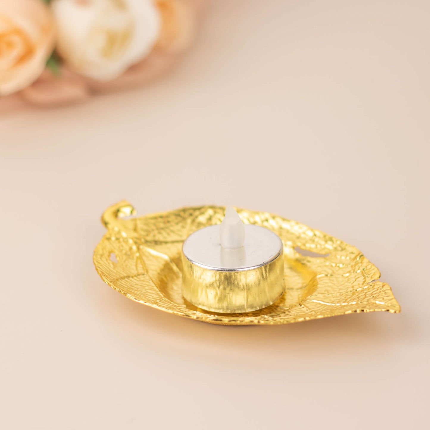 5" Shiny Gold Metal Maple Leaf Tealight Candle Holder on saucer