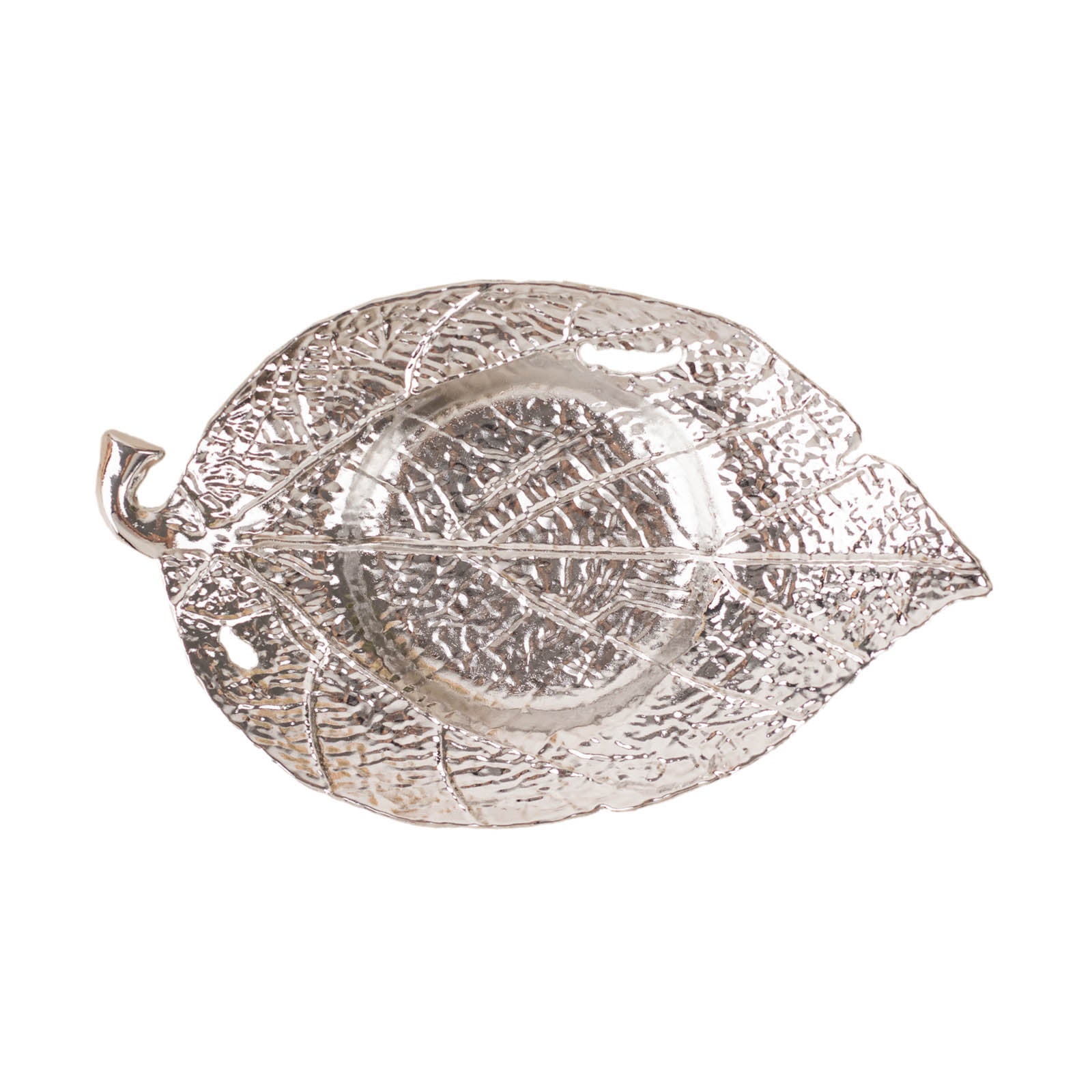 Shiny silver metal maple leaf tealight candle holder, vintage mini tea cup saucer.