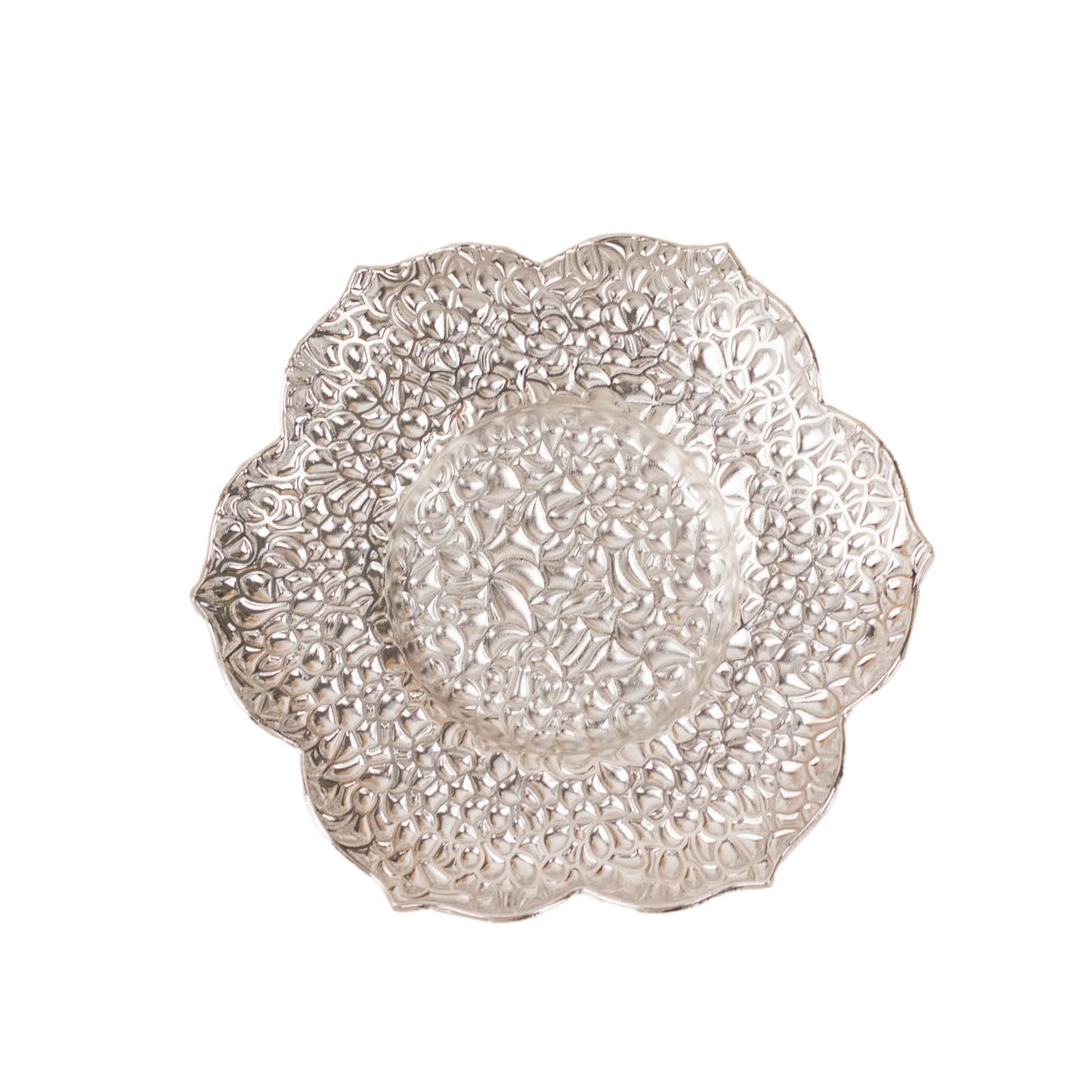 Shiny silver metal plum blossom tealight candle holder saucers, vintage style.