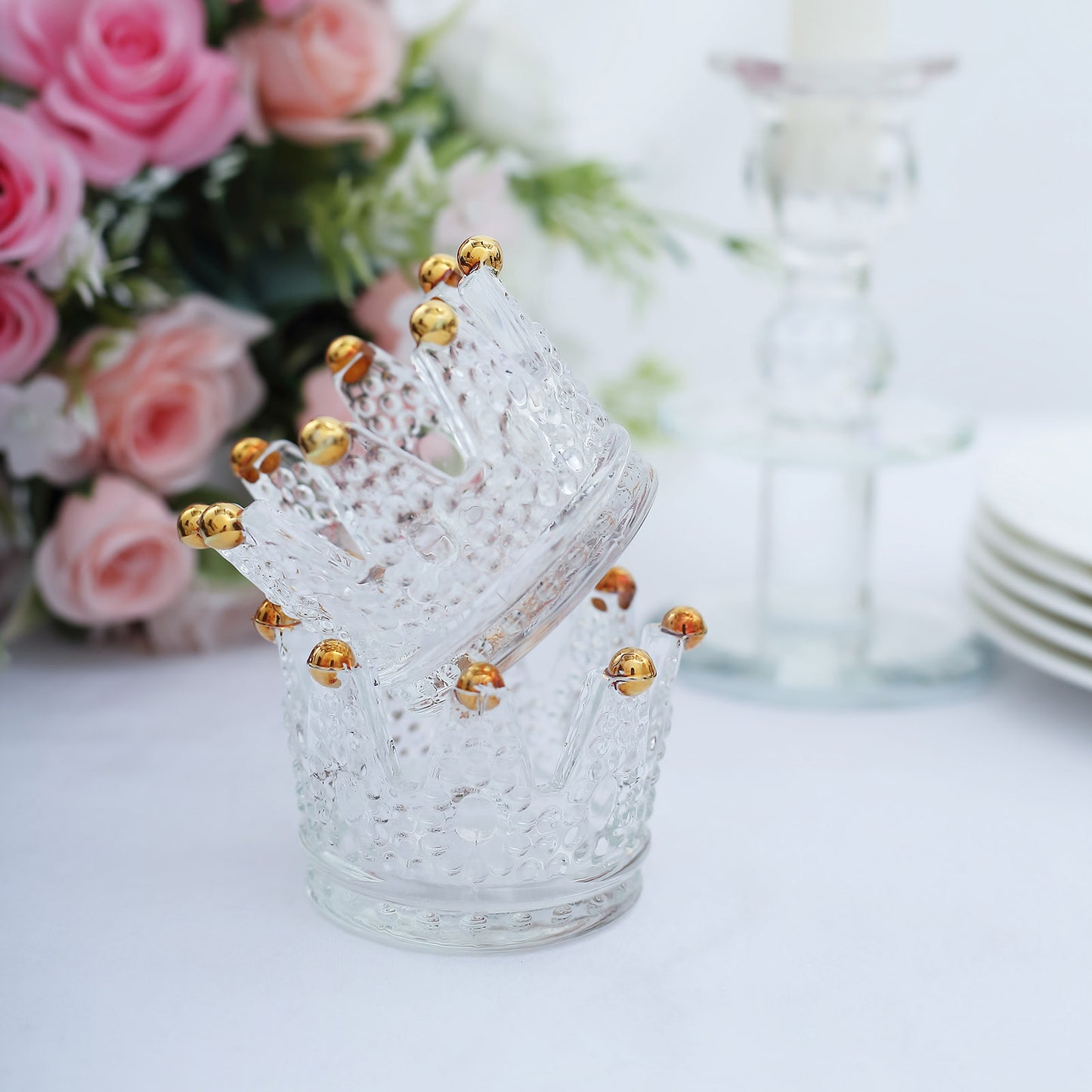 6 Pack Clear Crystal Glass Crown Tea Light Votive Candle Holders With Gold Beaded Tips - 3"x2"