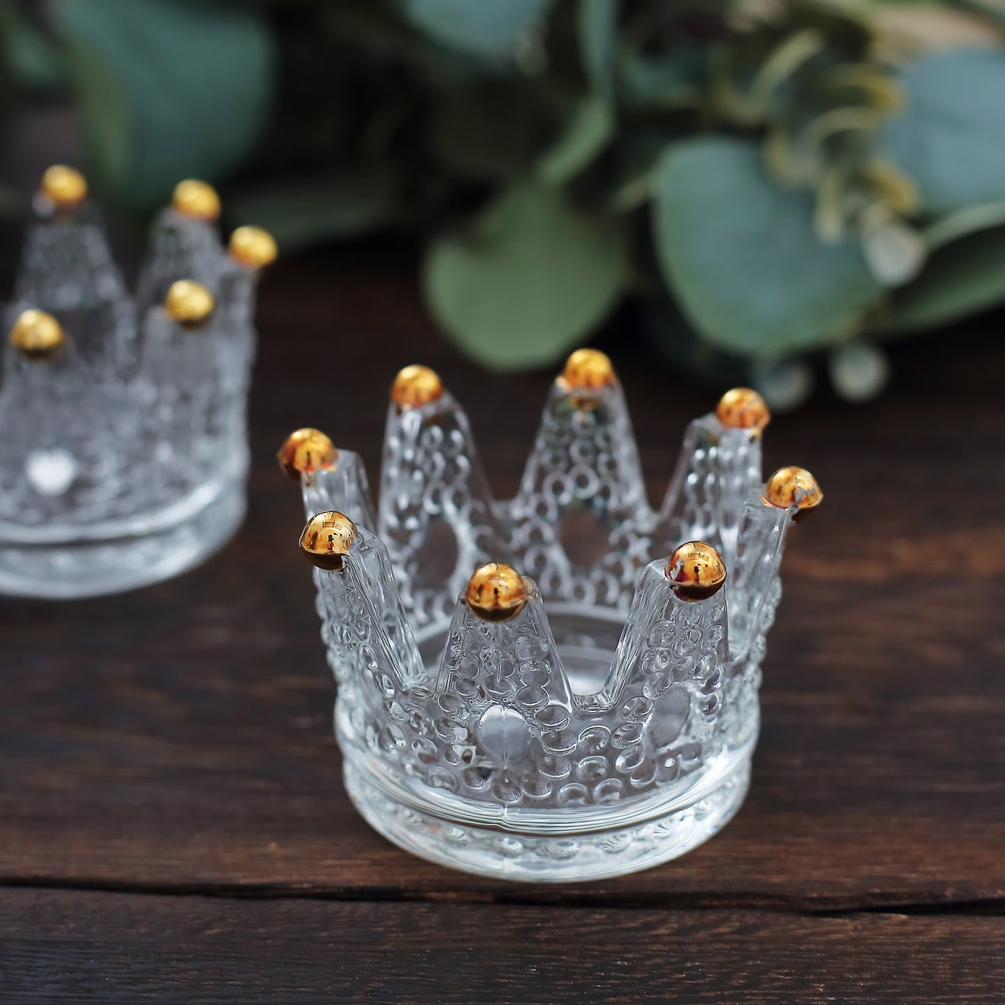 6 Pack Clear Crystal Glass Crown Tea Light Votive Candle Holders With Gold Beaded Tips - 3"x2"