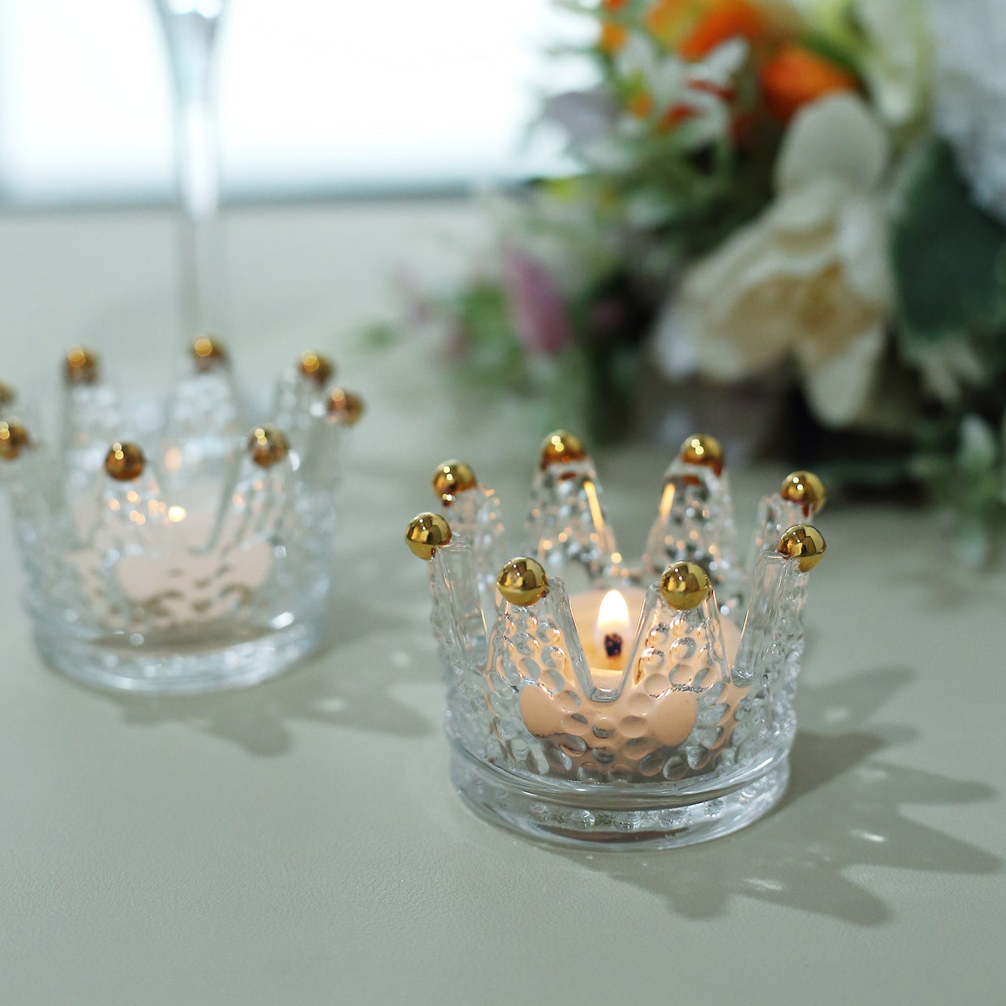 6 Pack Clear Crystal Glass Crown Tea Light Votive Candle Holders With Gold Beaded Tips - 3"x2"