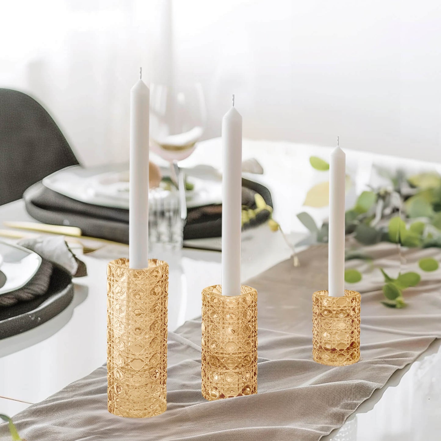 Set of 3 Amber Gold Glass Taper Candle Stick Stand with Gemstone Pattern, Dual Sided Crystal Cylinder Tealight Candle Holders - 3",4",5.5"