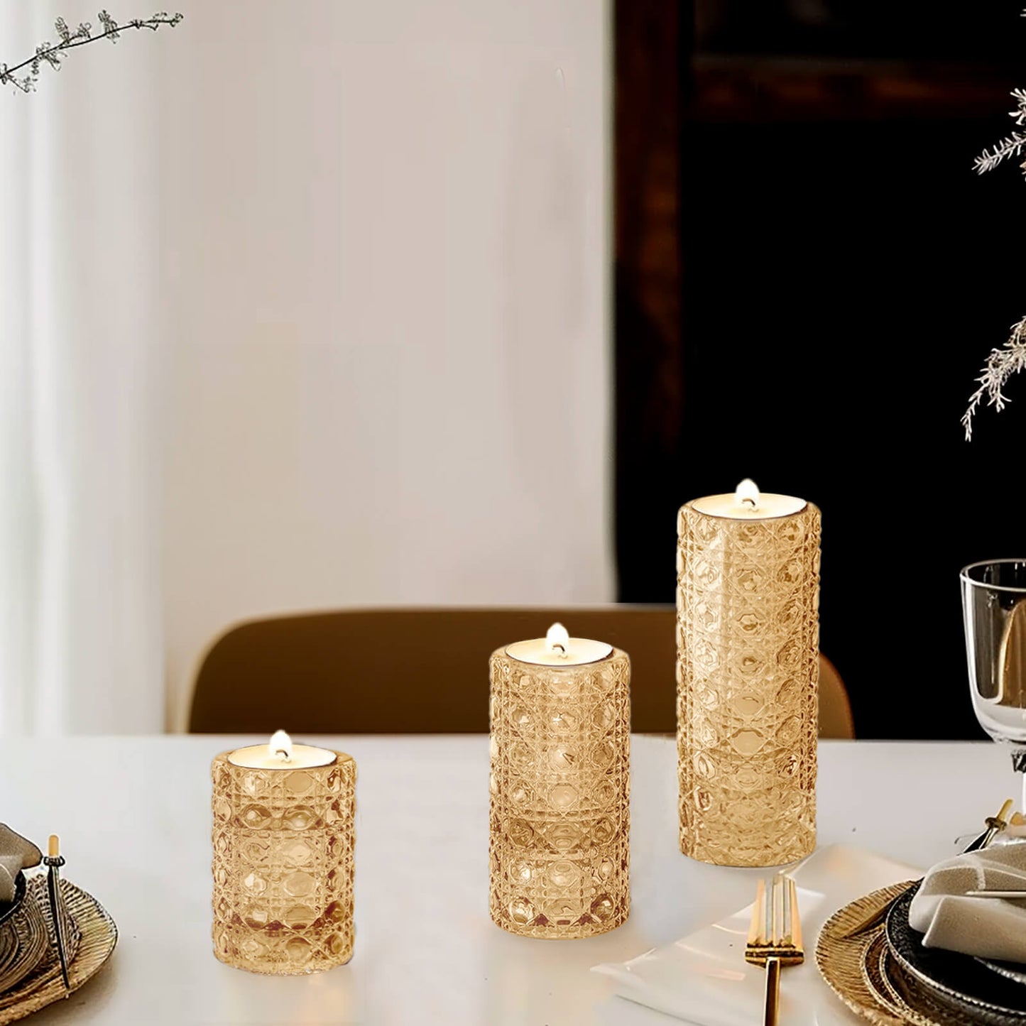 Set of 3 Amber Gold Glass Taper Candle Stick Stand with Gemstone Pattern, Dual Sided Crystal Cylinder Tealight Candle Holders - 3",4",5.5"