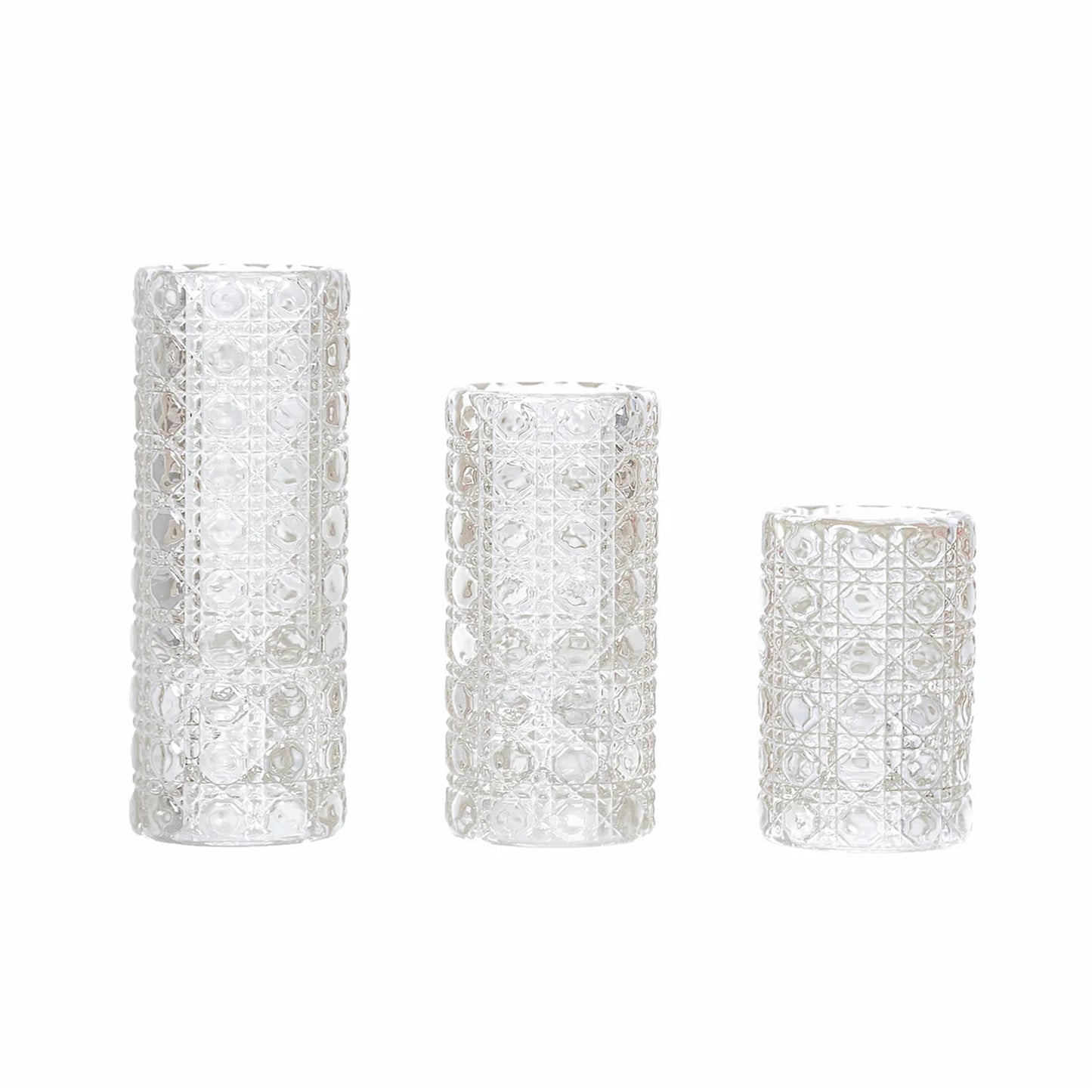 Set of 3 Clear Glass Taper Candle Stick Stand with Gemstone Pattern, Dual Sided Crystal Cylinder Tealight Candle Holders - 3",4",5.5"
