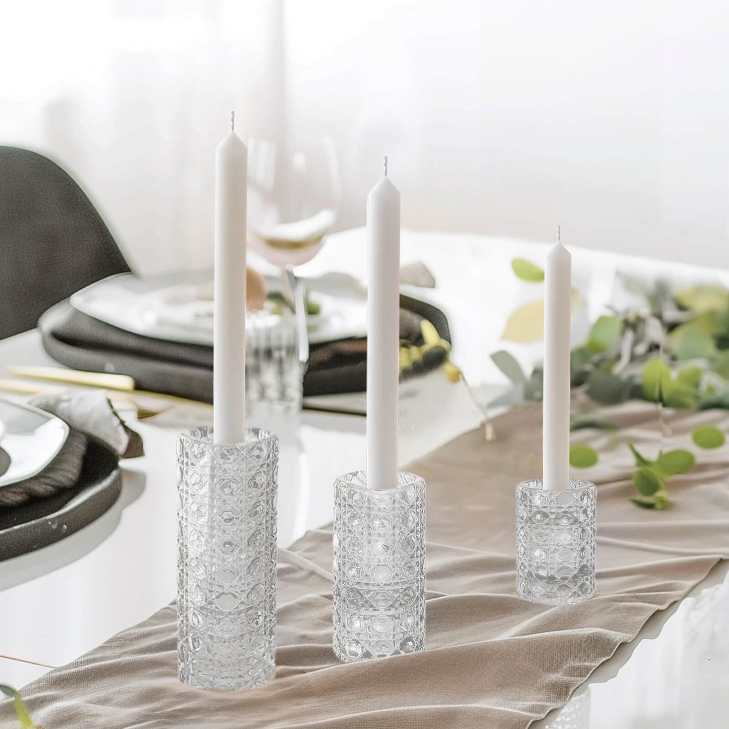 Set of 3 Clear Glass Taper Candle Stick Stand with Gemstone Pattern, Dual Sided Crystal Cylinder Tealight Candle Holders - 3",4",5.5"