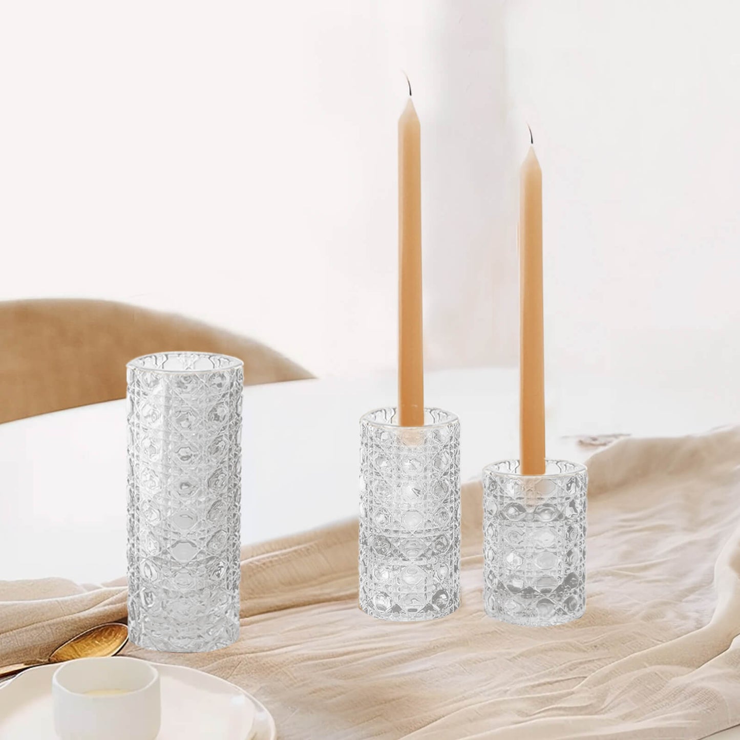 Set of 3 Clear Glass Taper Candle Stick Stand with Gemstone Pattern, Dual Sided Crystal Cylinder Tealight Candle Holders - 3",4",5.5"