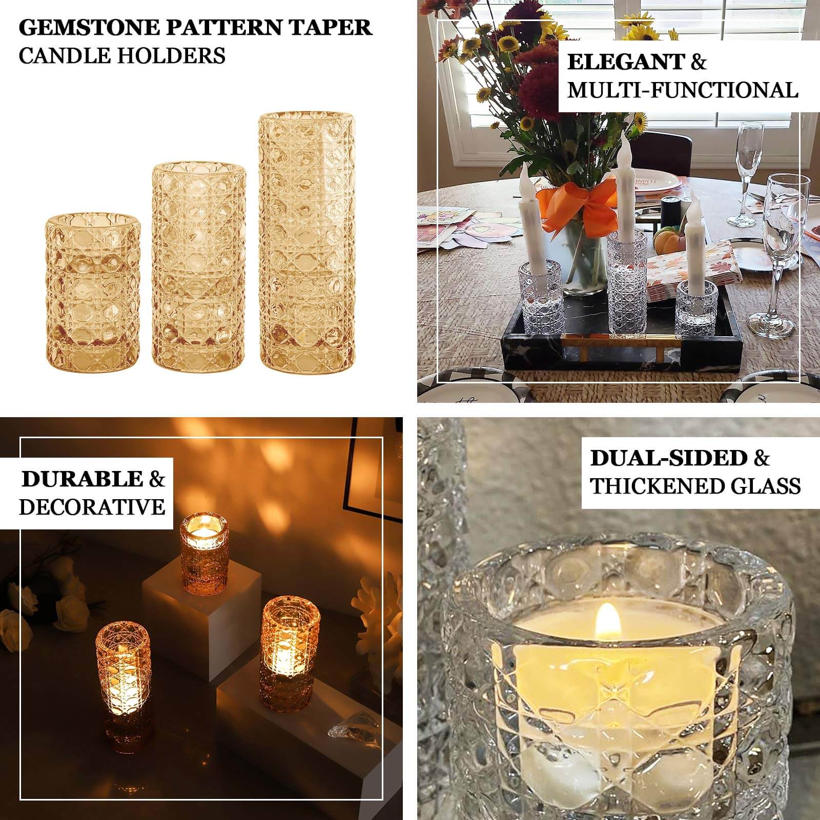 Set of 3 Amber Gold Glass Taper Candle Stick Stand with Gemstone Pattern, Dual Sided Crystal Cylinder Tealight Candle Holders - 3",4",5.5"
