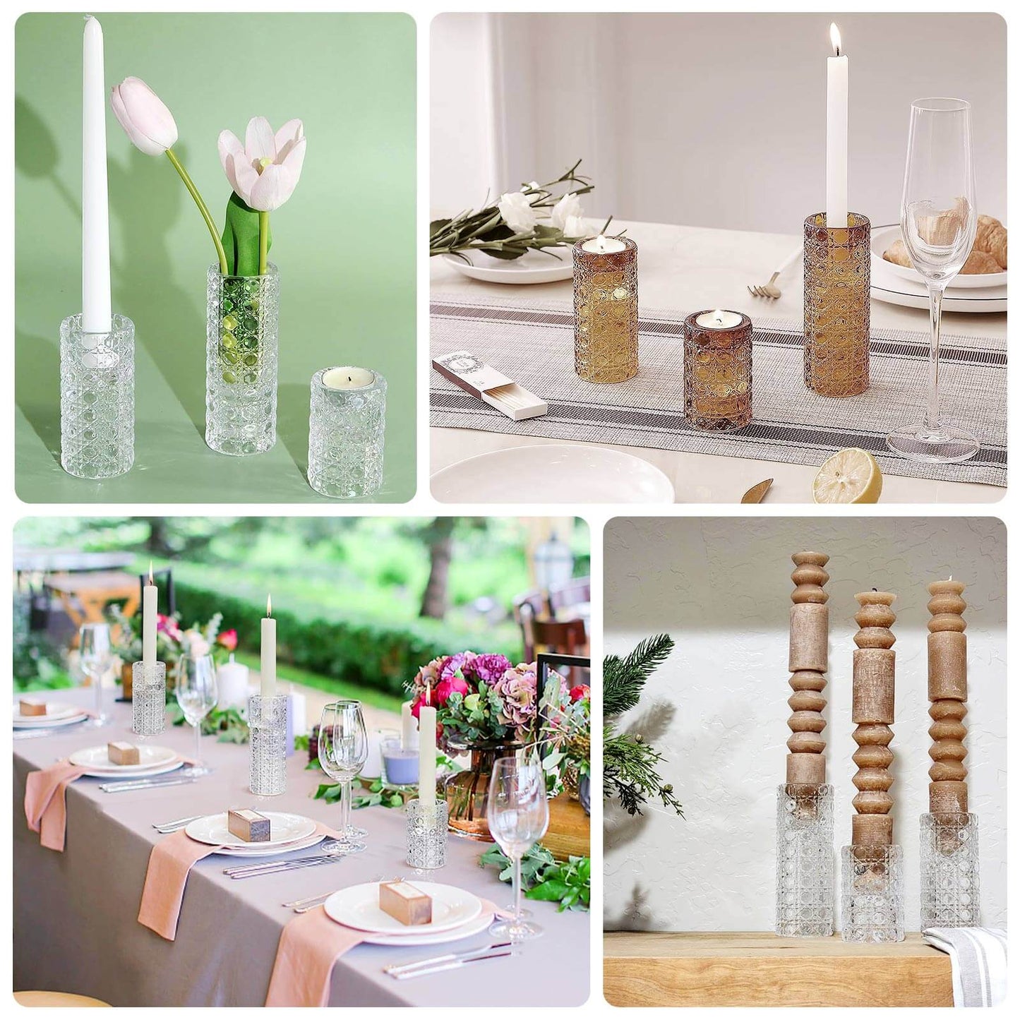 Set of 3 Clear Glass Taper Candle Stick Stand with Gemstone Pattern, Dual Sided Crystal Cylinder Tealight Candle Holders - 3",4",5.5"