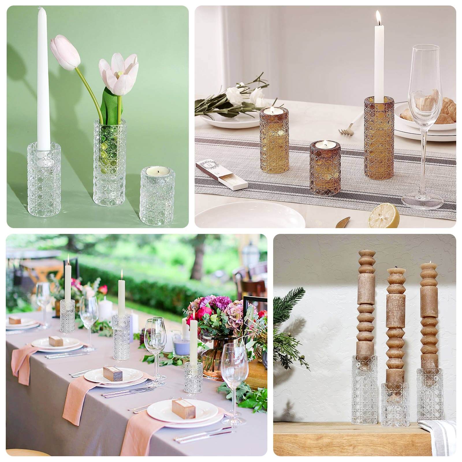 Set of 3 Clear Glass Taper Candle Stick Stand with Gemstone Pattern, Dual Sided Crystal Cylinder Tealight Candle Holders - 3",4",5.5"