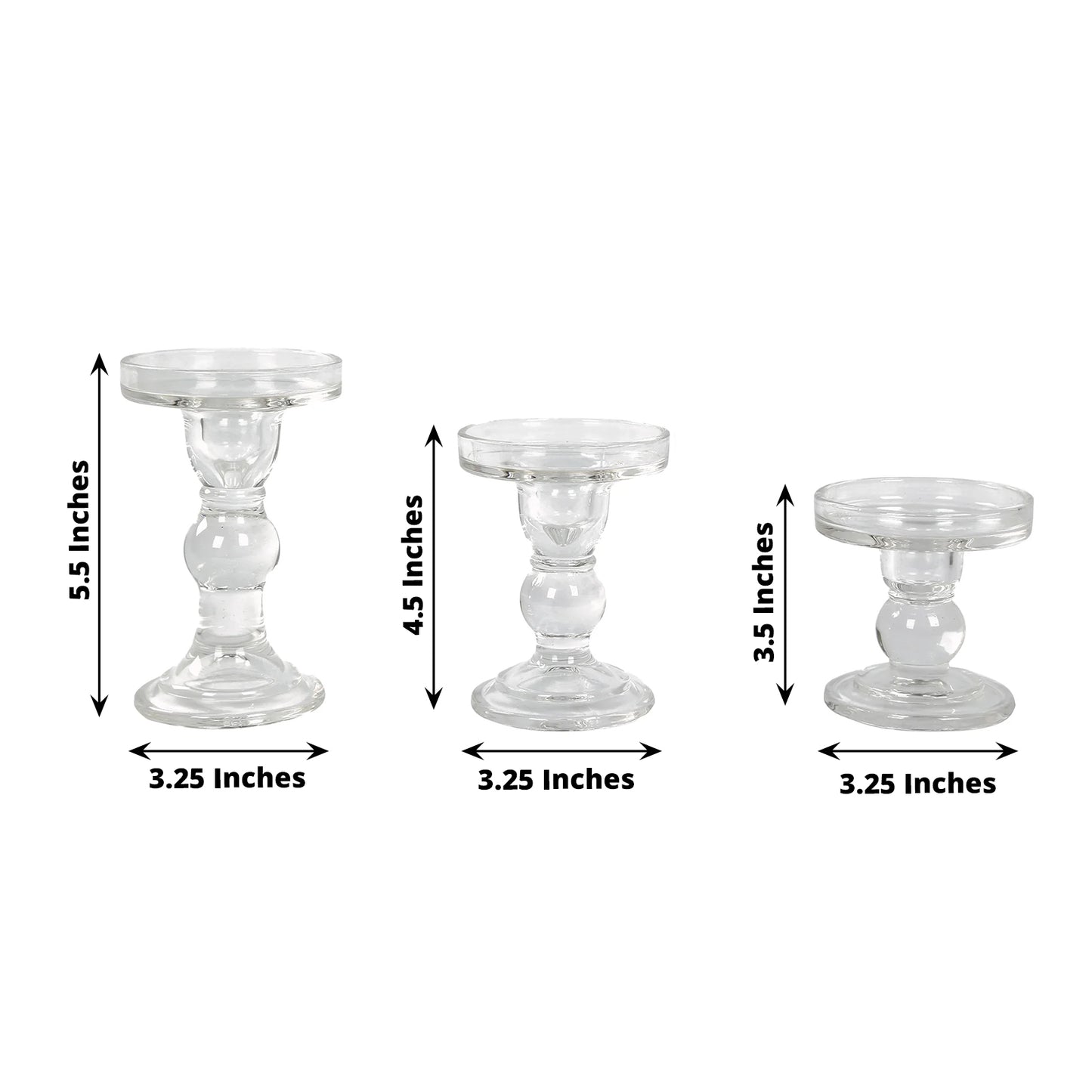 Set of 3 Clear Premium Glass Taper Candle Holders with Round Candle Tray, Crystal Ball Stem Pillar Candlestick Stands Tea Light Holders with Stable Base - 3.5",4.5",5.5"