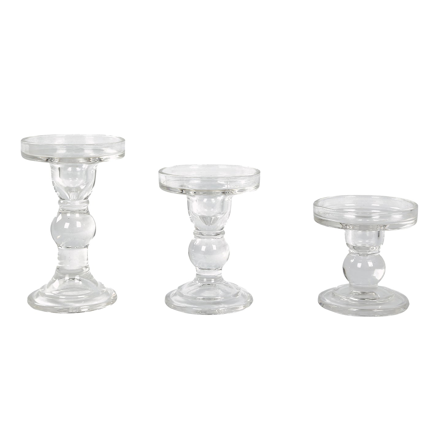 Set of 3 Clear Premium Glass Taper Candle Holders with Round Candle Tray, Crystal Ball Stem Pillar Candlestick Stands Tea Light Holders with Stable Base - 3.5",4.5",5.5"