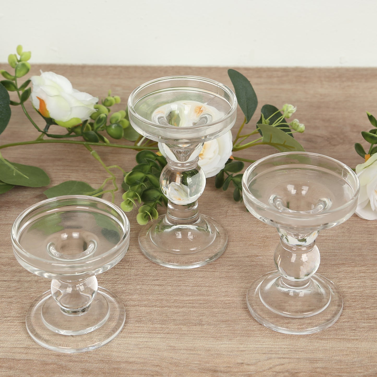 Set of 3 Clear Premium Glass Taper Candle Holders with Round Candle Tray, Crystal Ball Stem Pillar Candlestick Stands Tea Light Holders with Stable Base - 3.5",4.5",5.5"